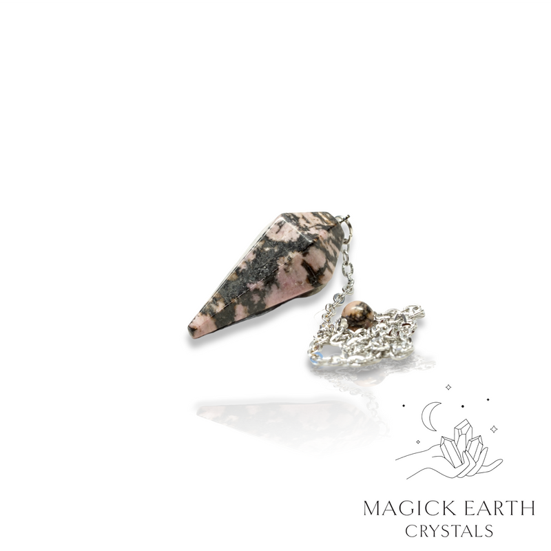 Rhodonite Cone Shaped Crystal Pendulum With Platinum Finish