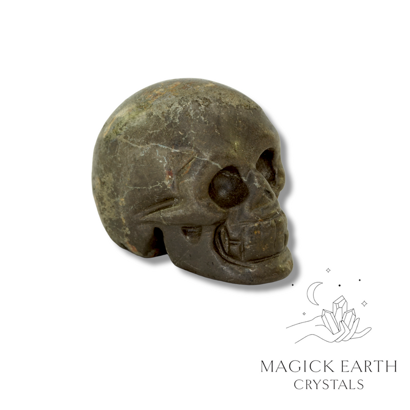 Iron Pyrite Crystal Gemstone Carved Skull Left View