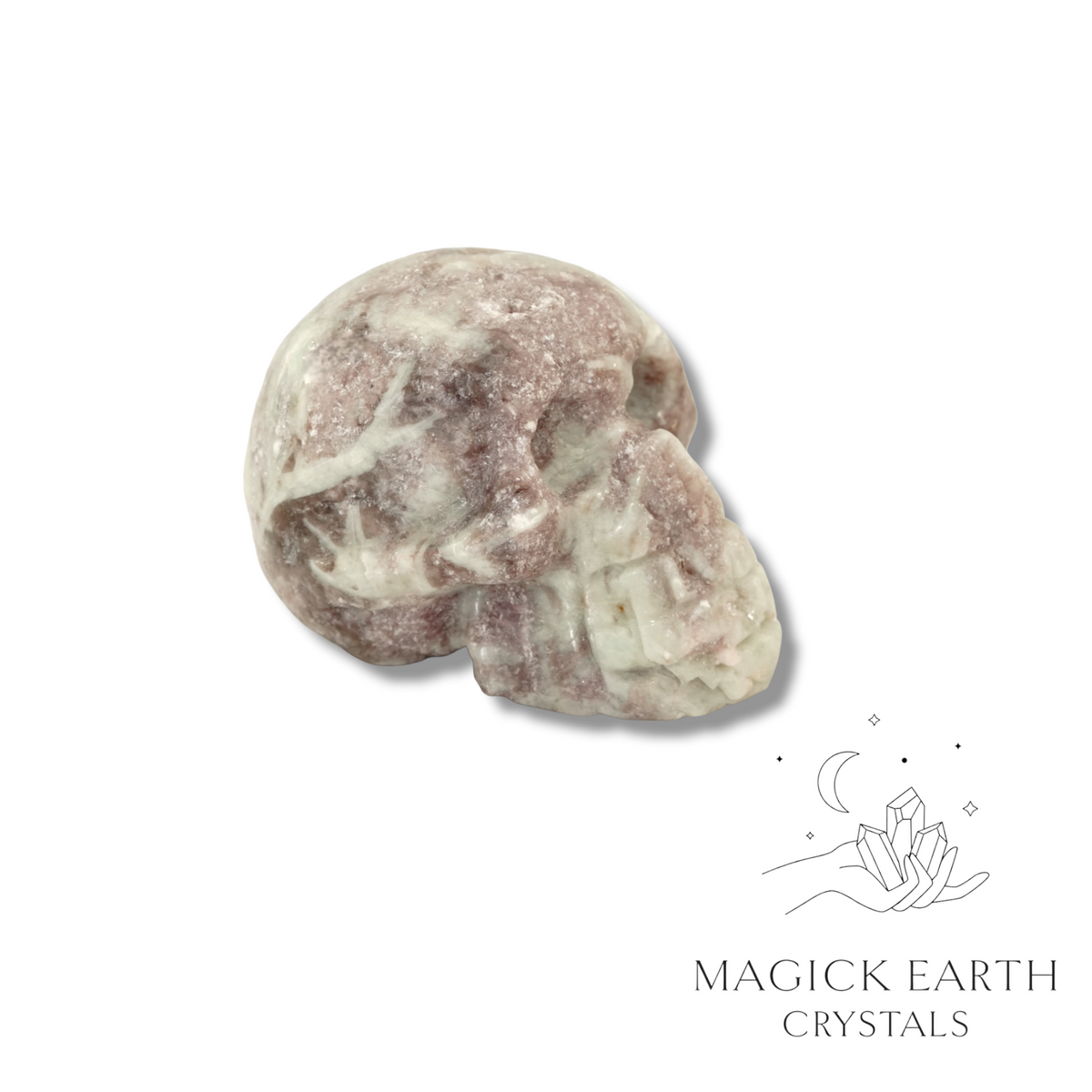 Lepidolite Crystal Gemstone Carved Skull Left View