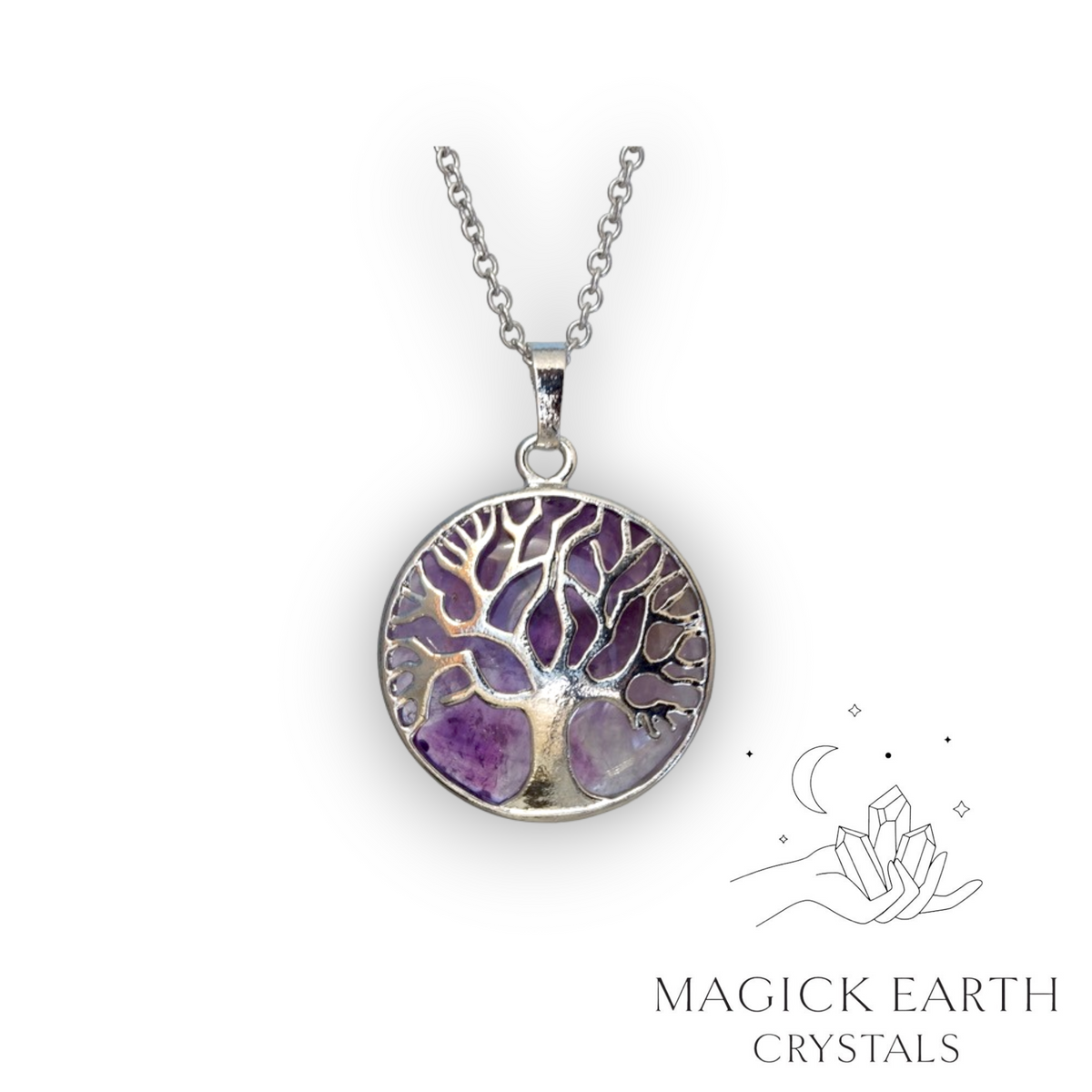 Amethyst Tree of Life Pendant with Platinum Finish Front View