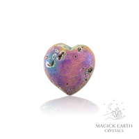 Agate druzy heart with rainbow electroplated finish showing crystal formation view a