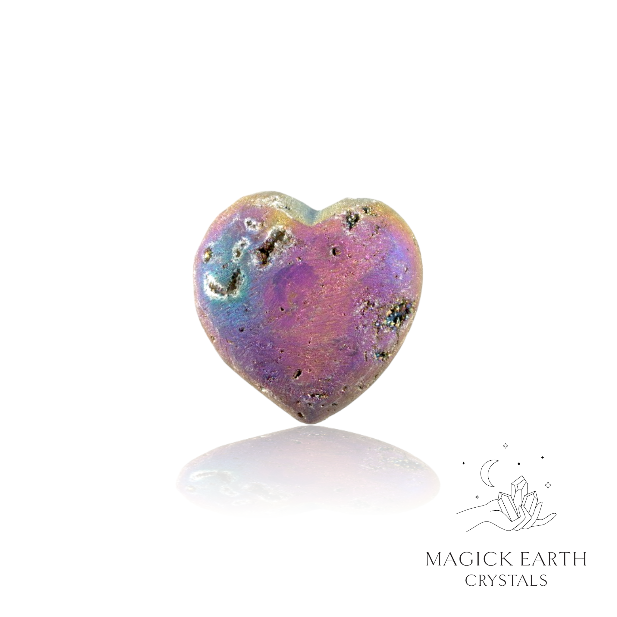 Agate druzy heart with rainbow electroplated finish showing crystal formation view a