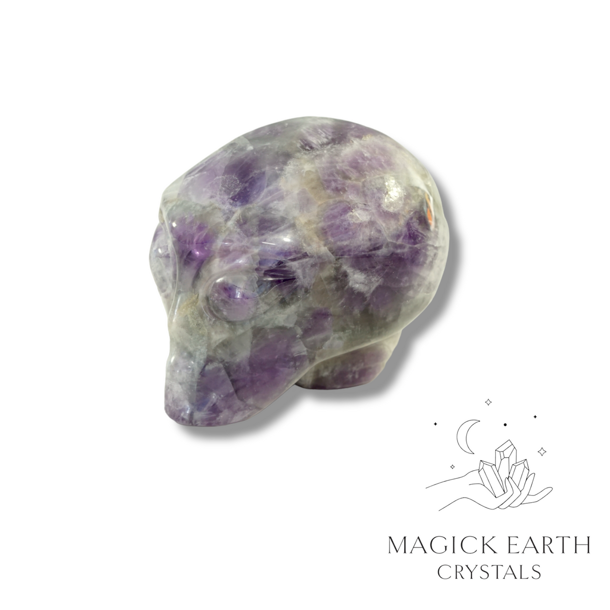 Amethyst Carved Alien  skull left view