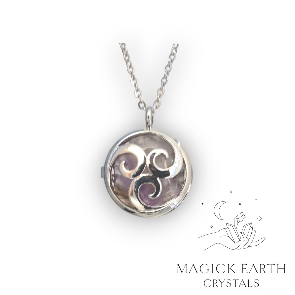 Natural Amethyst triskele diffuser pendant view a
