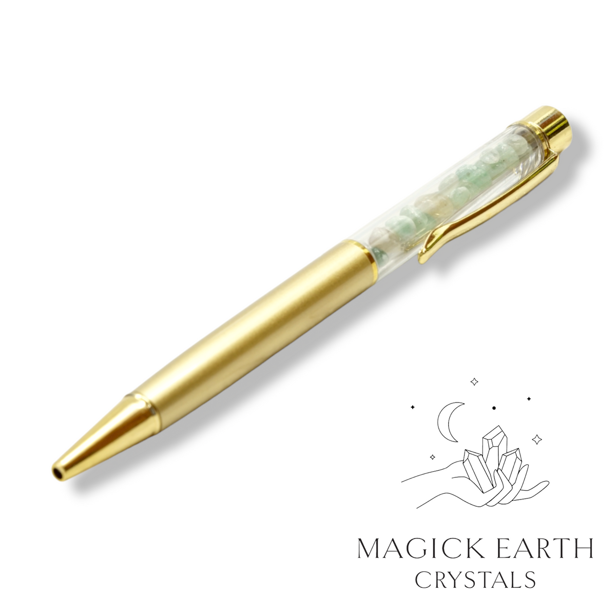 Natural aventurine crystal chip filled ballpoint pen with matte gold finish