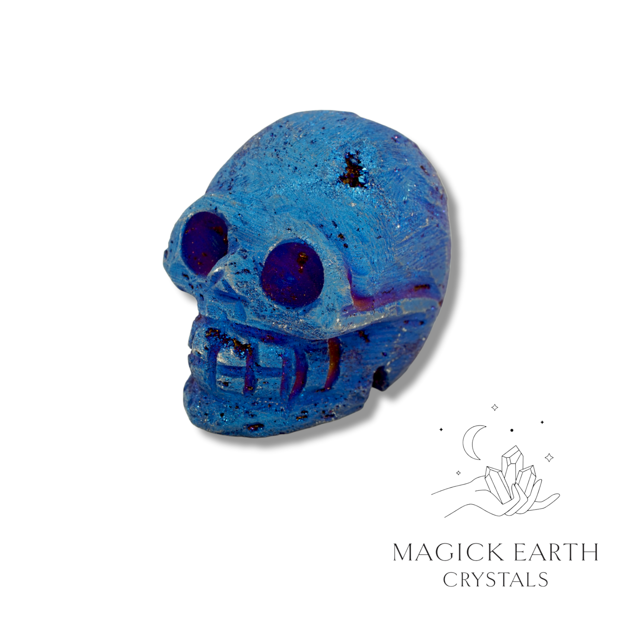Electroplated druzy quartz skull with blue finish, left view