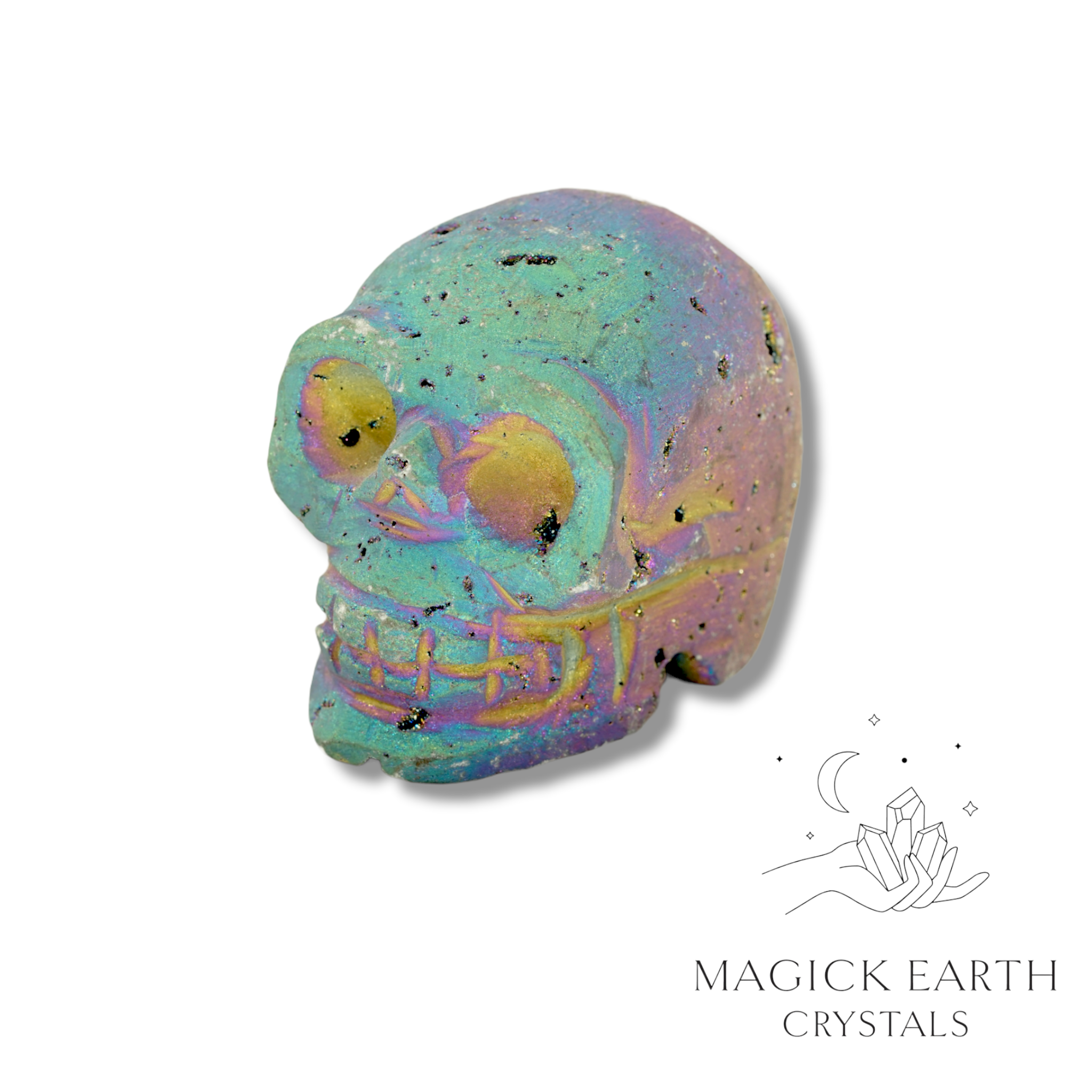 Electroplated druzy quartz skull with rainbow finish, left view