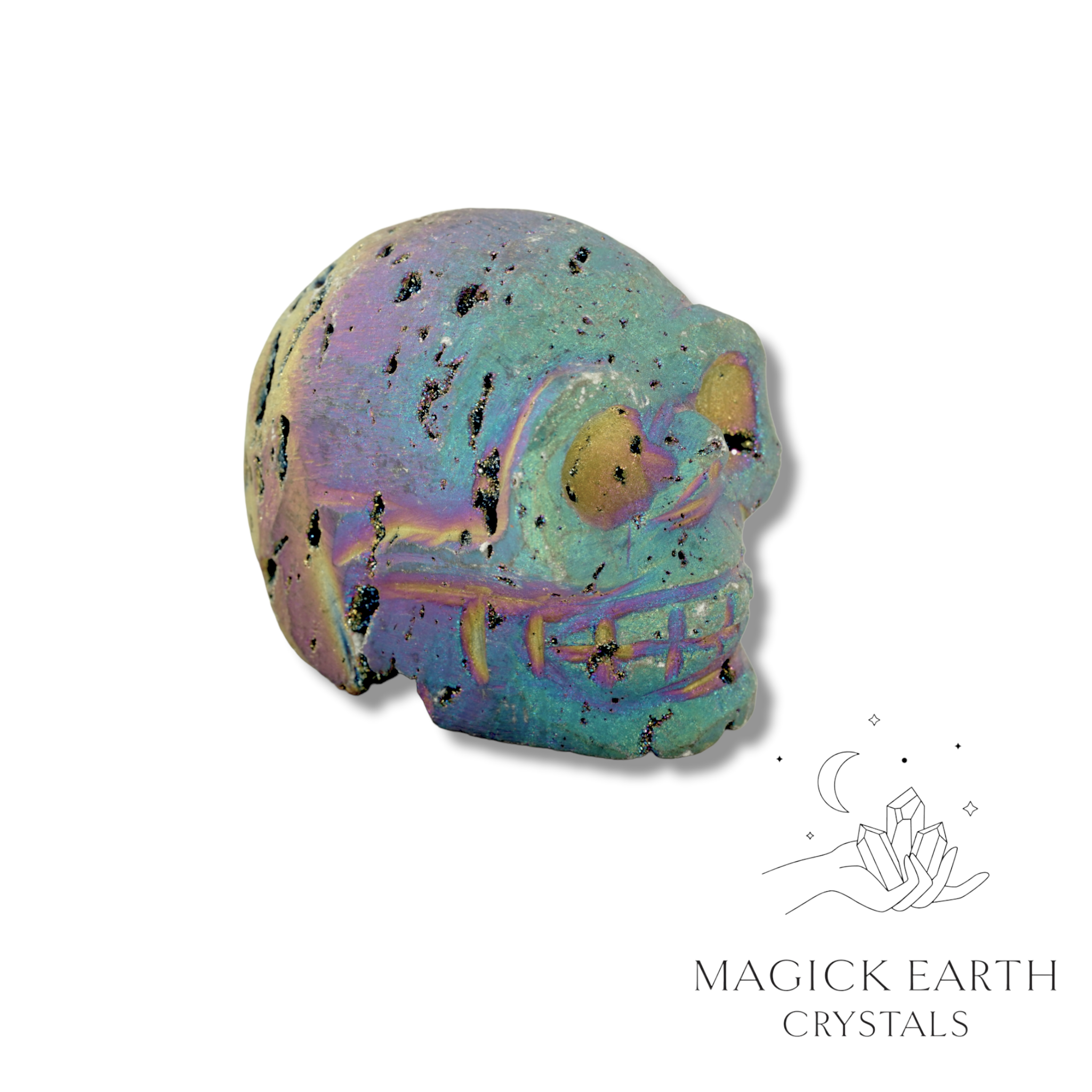 Electroplated druzy quartz skull with rainbow finish, right view