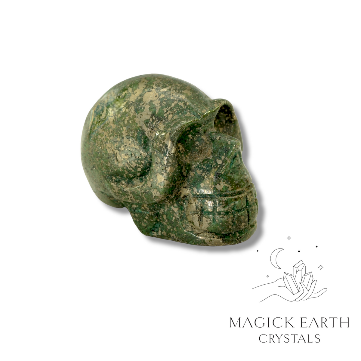 Natural Iron Pyrite dyed crystal skull view a