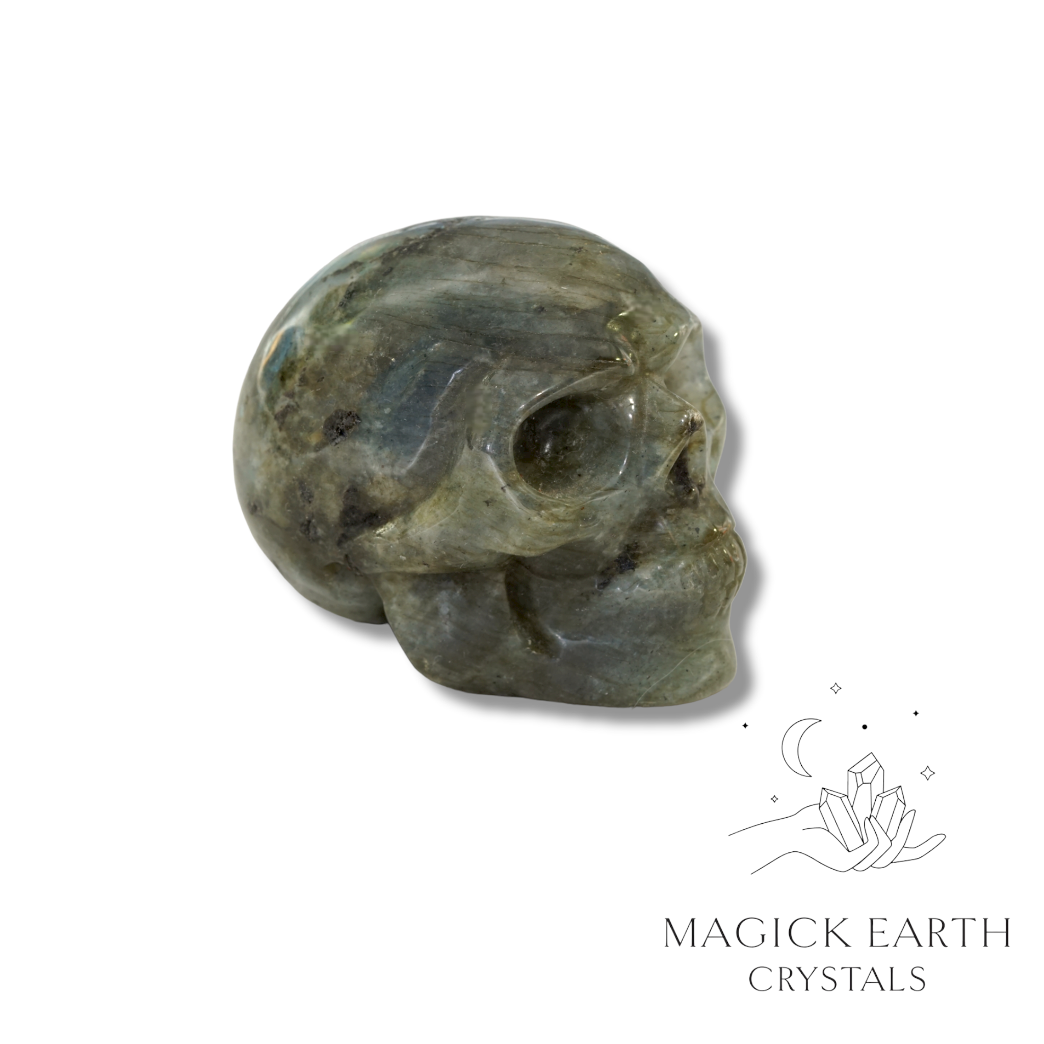 Natural Labradorite crystal skull view a