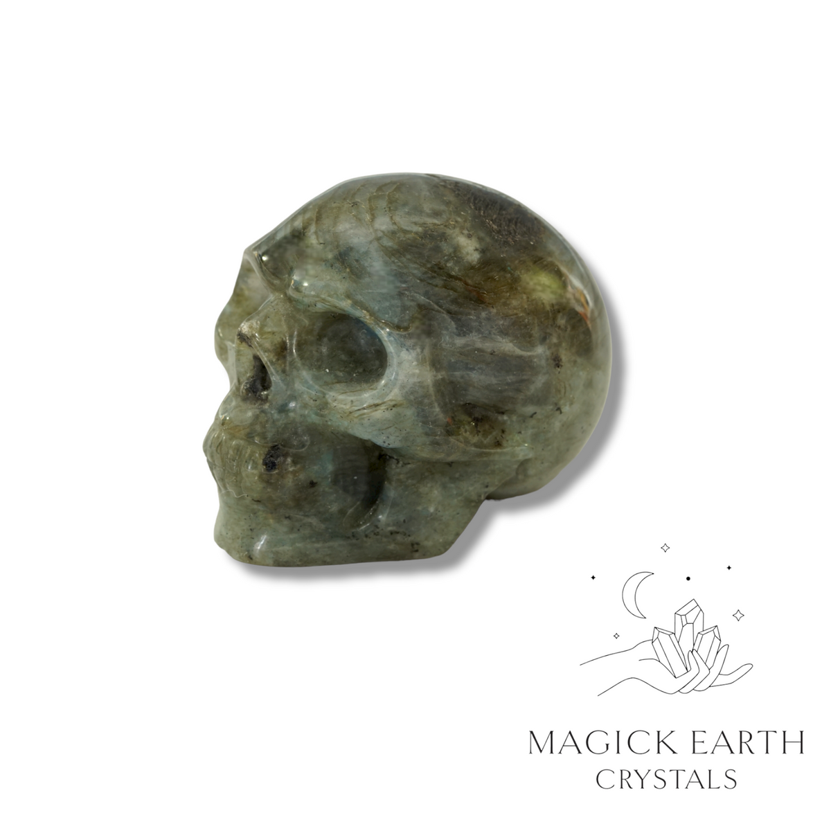 Natural Labradorite crystal skull view b