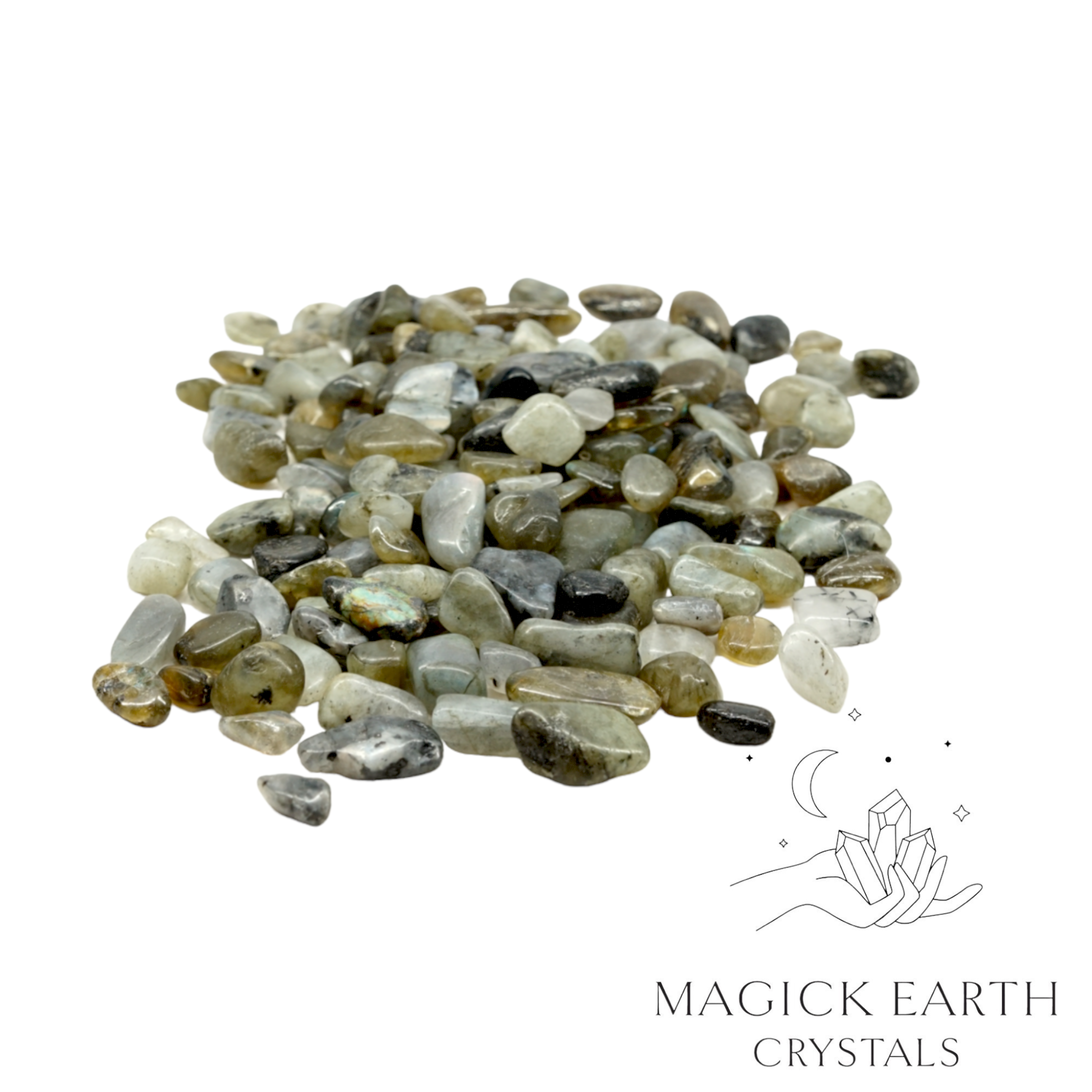 Natural large labradorite crystal chips, 100g loose pile.