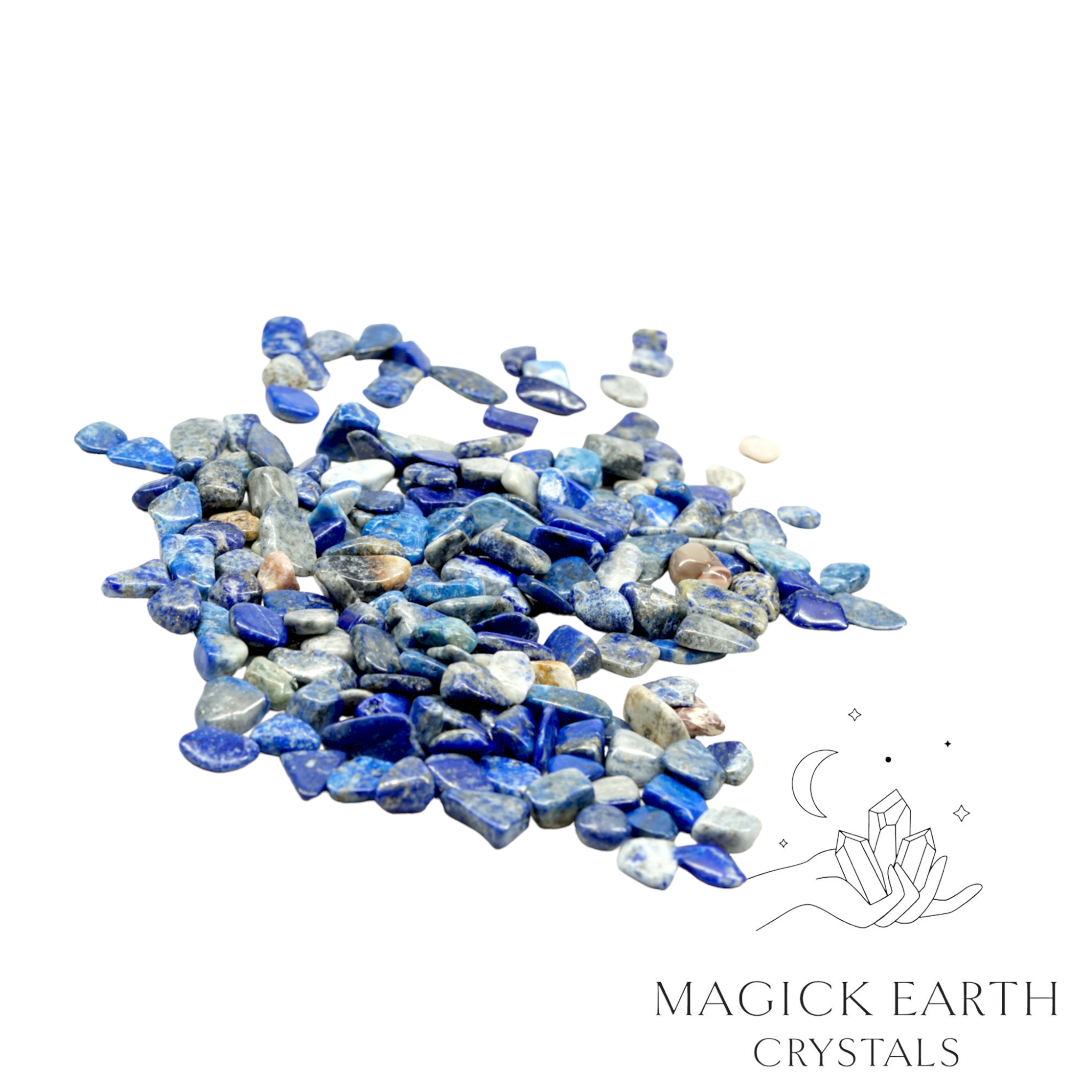Natural large lapis lazuli crystal chips, 100g loose pile.