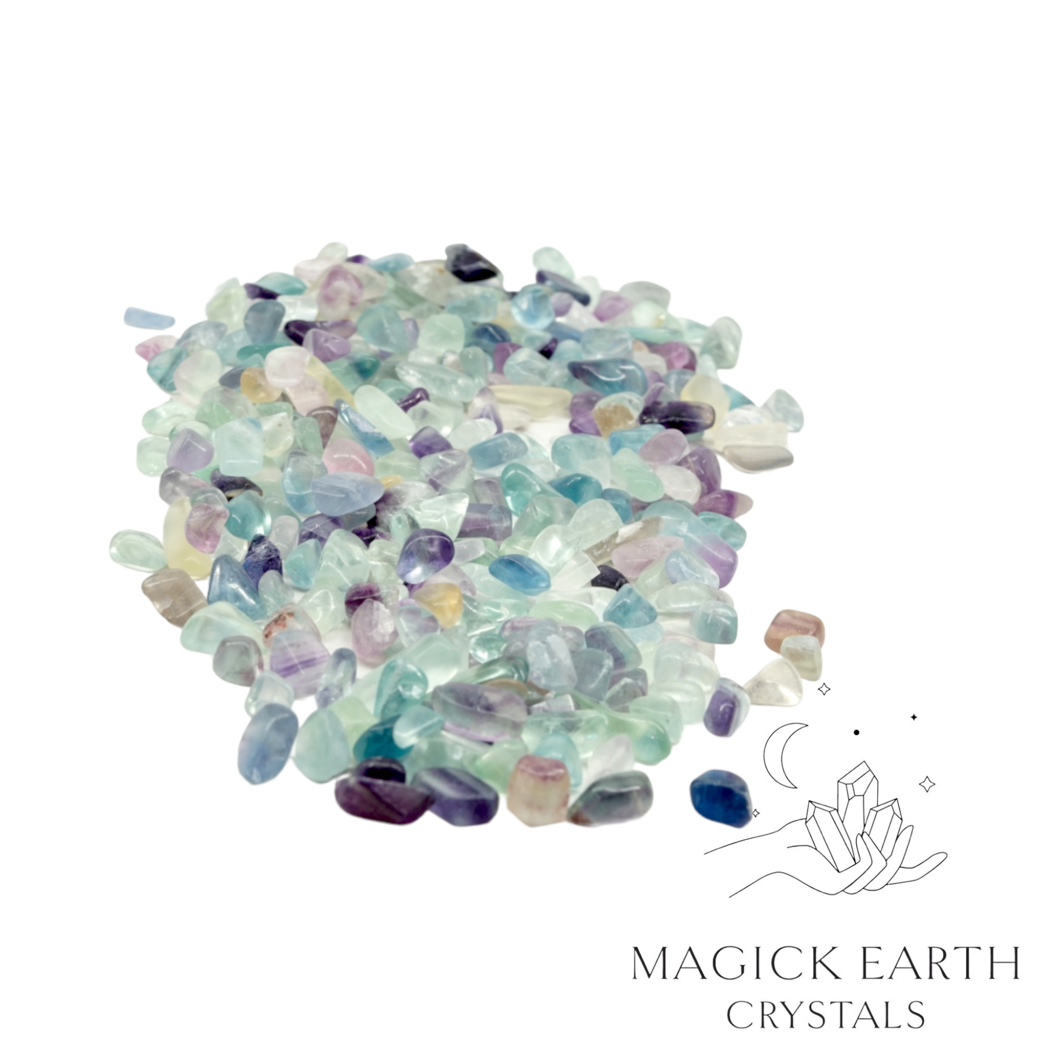 Natural large light fluorite crystal chips, 100g loose pile.