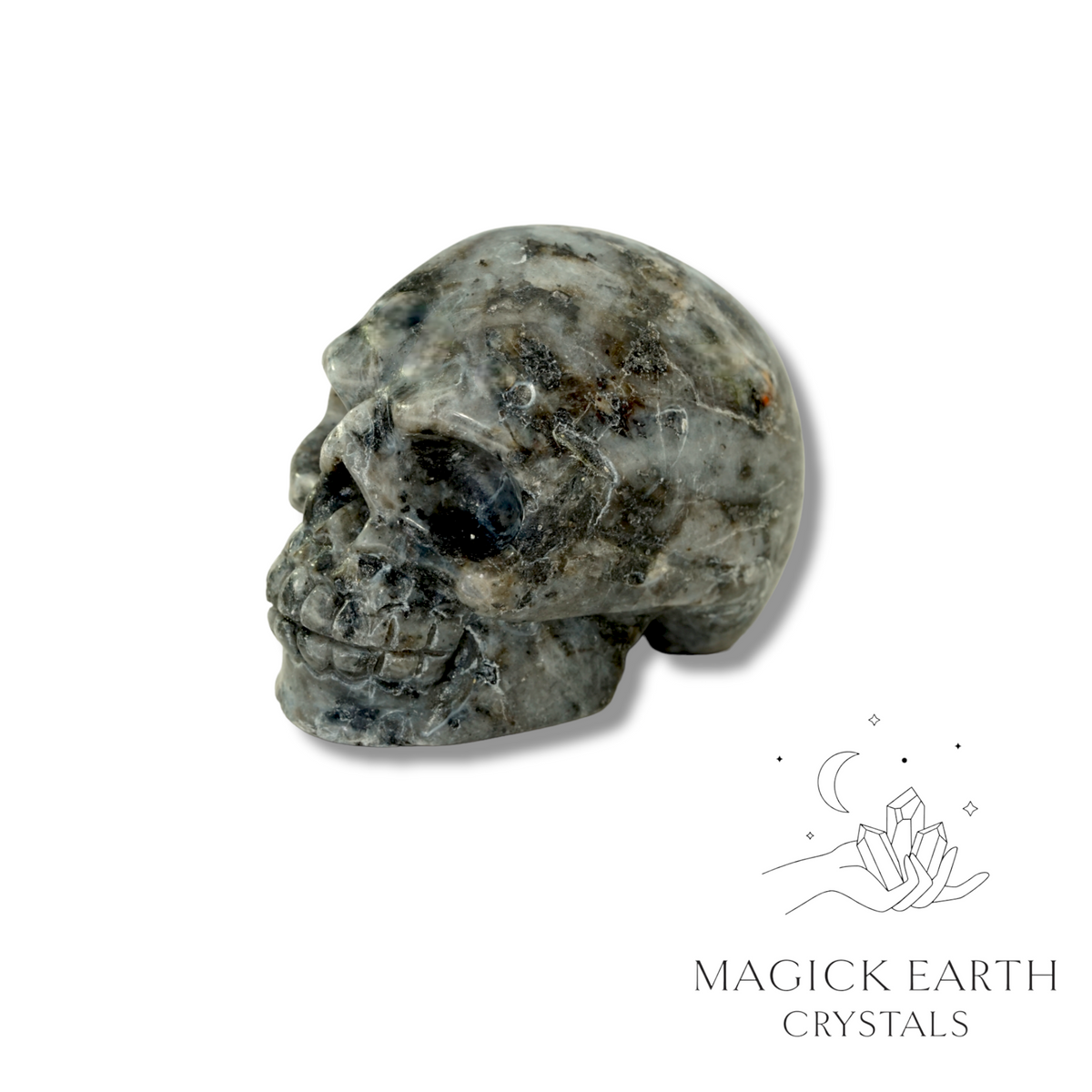 Natural Larvikite crystal skull view b