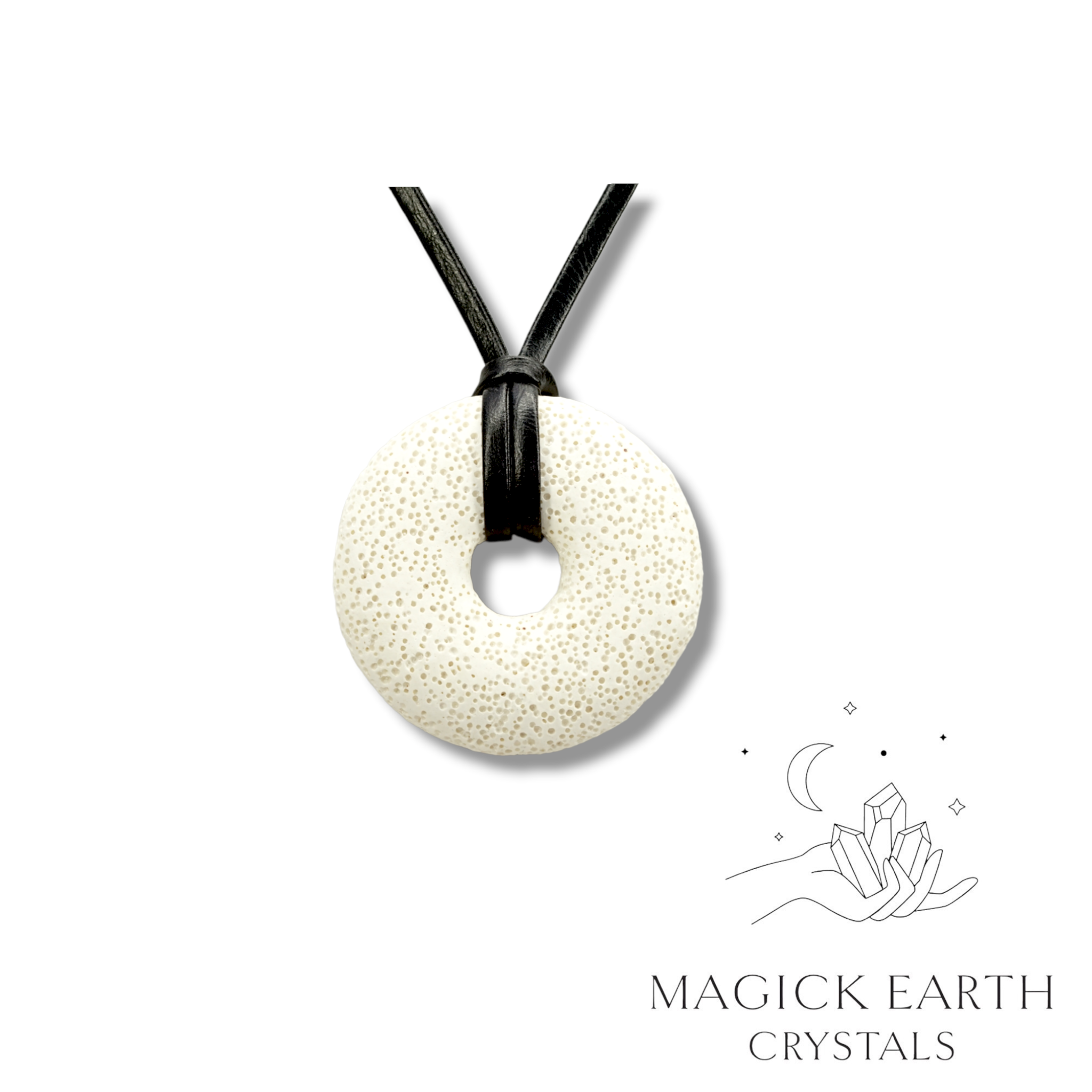 Natural antique white lava donut pendant hanging from a black vegan cord.