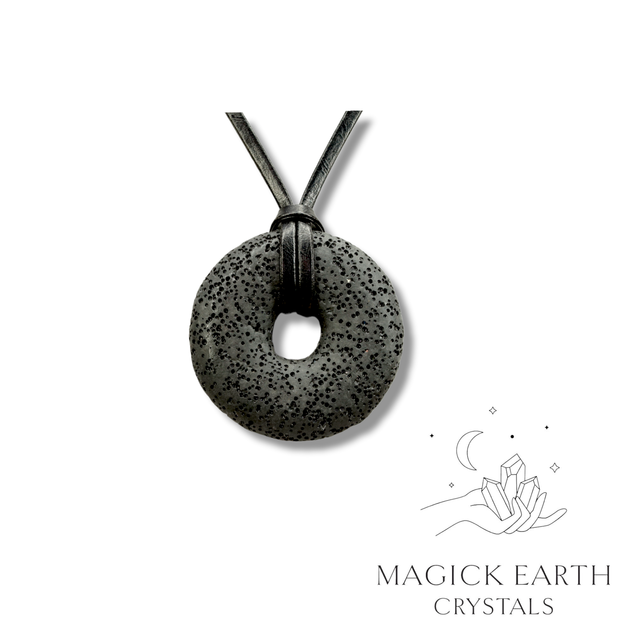Natural charcoal lava donut pendant hanging from a black vegan cord.