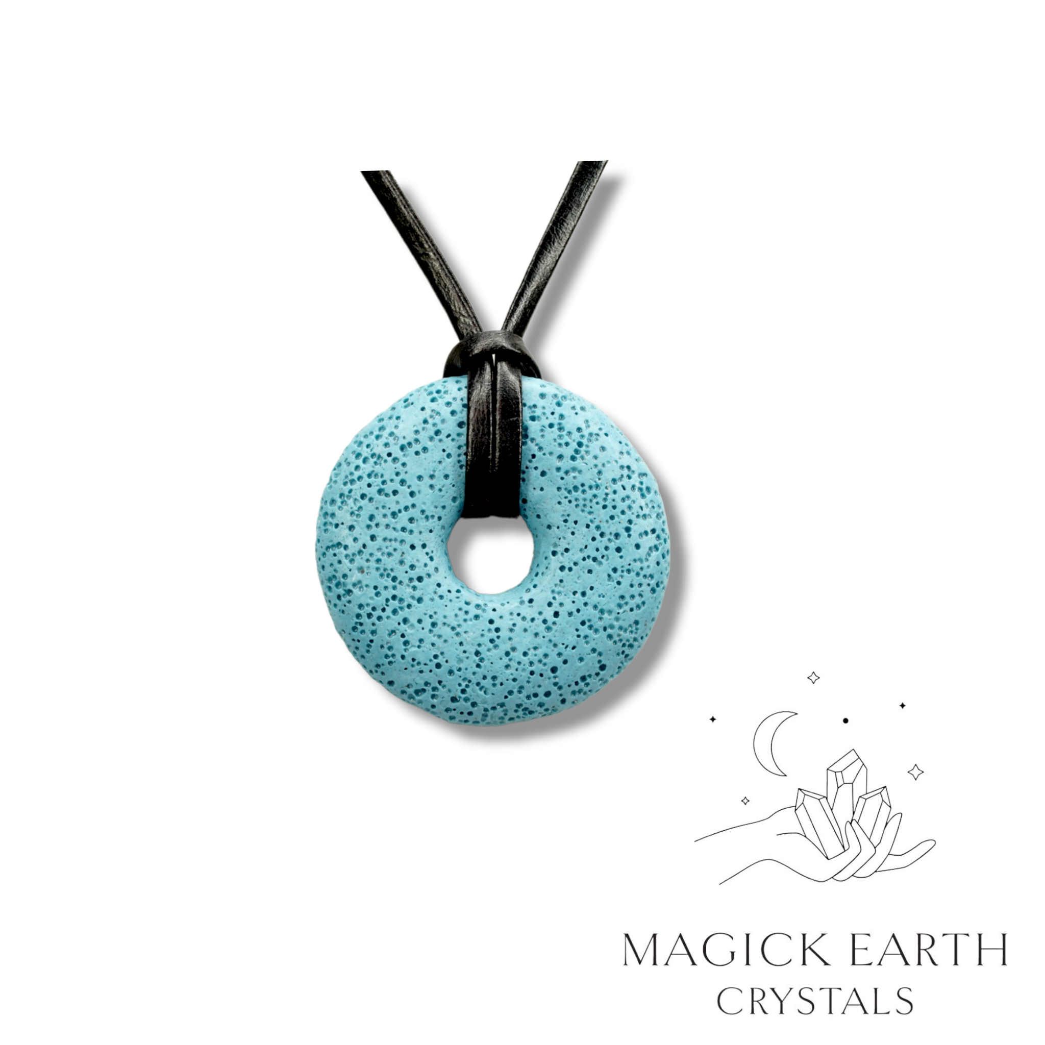 Natural light blue lava donut pendant hanging from a black vegan cord.