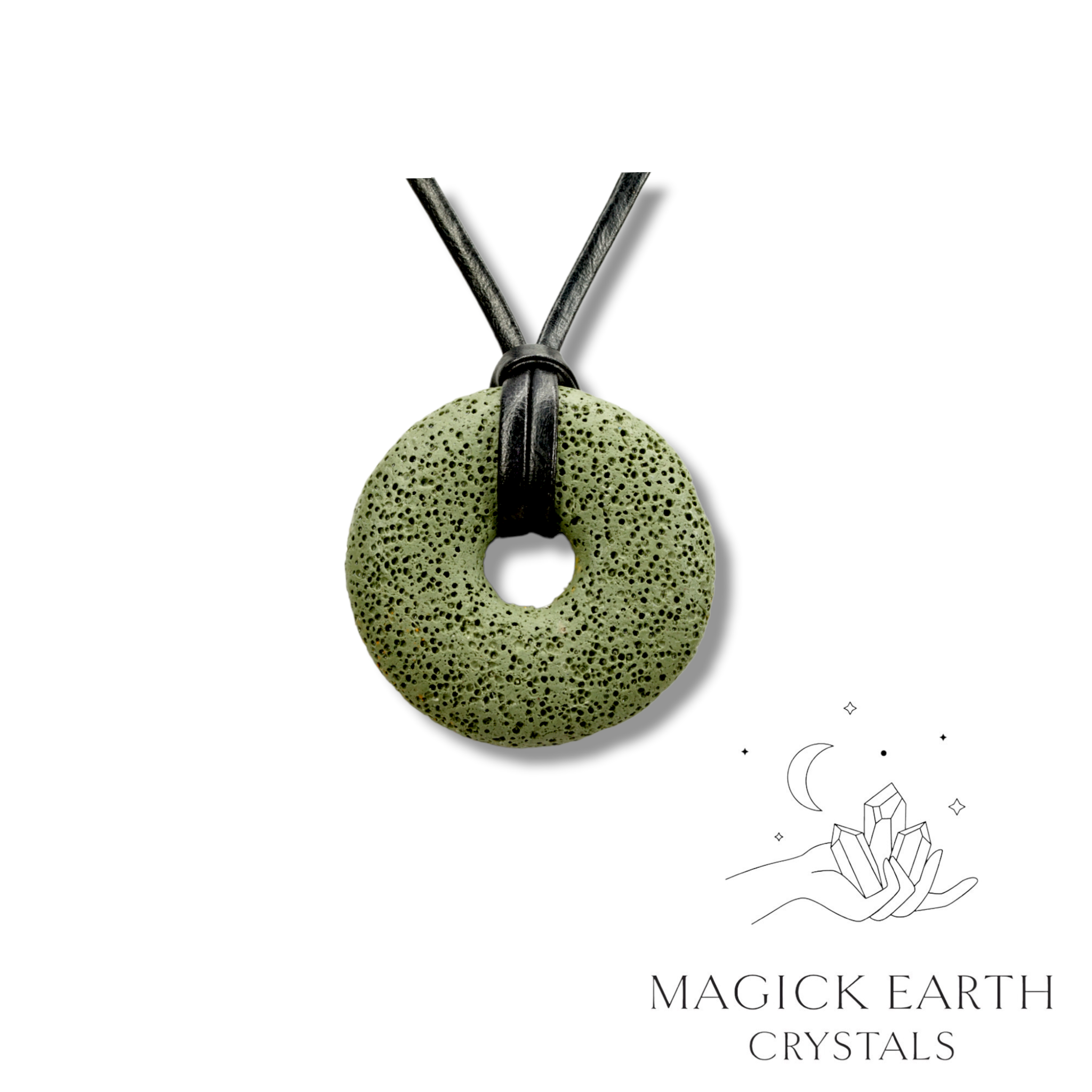 Natural olive lava donut pendant hanging from a black vegan cord.