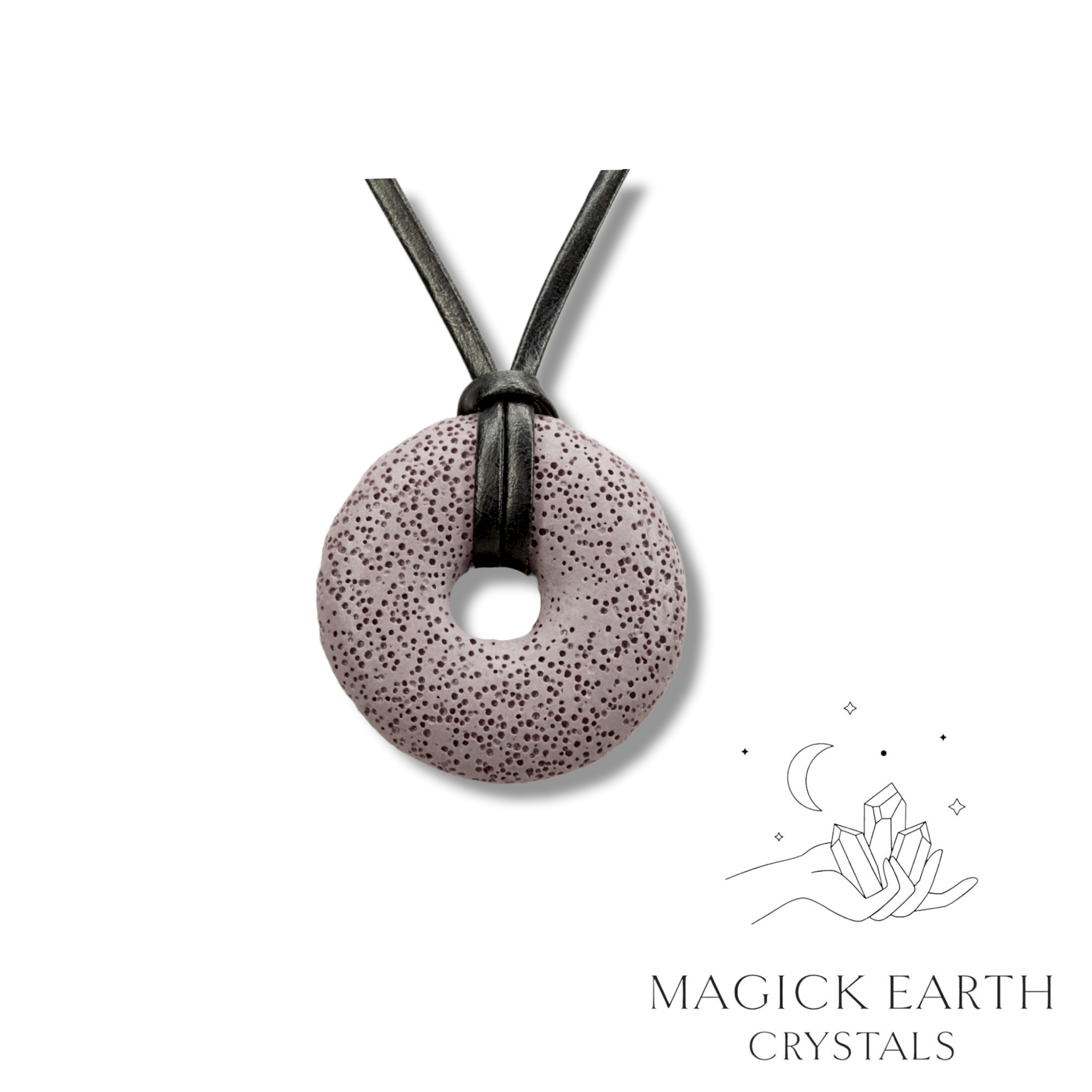 Natural purple lava donut pendant hanging from a black vegan cord.