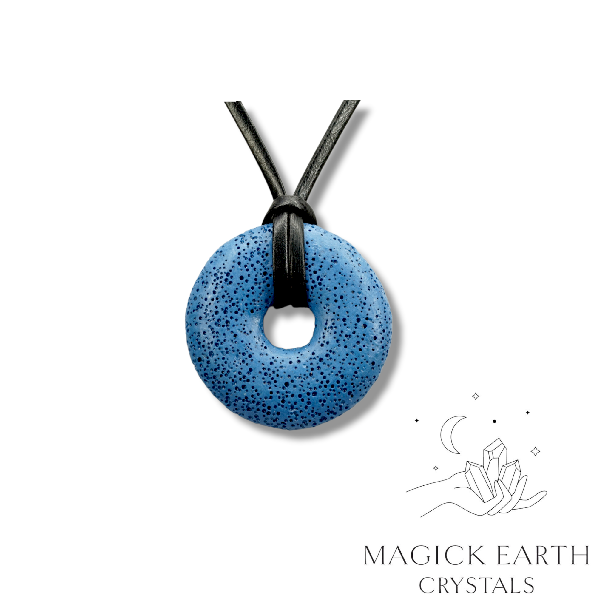 Natural royal blue lava donut pendant hanging from a black vegan cord.
