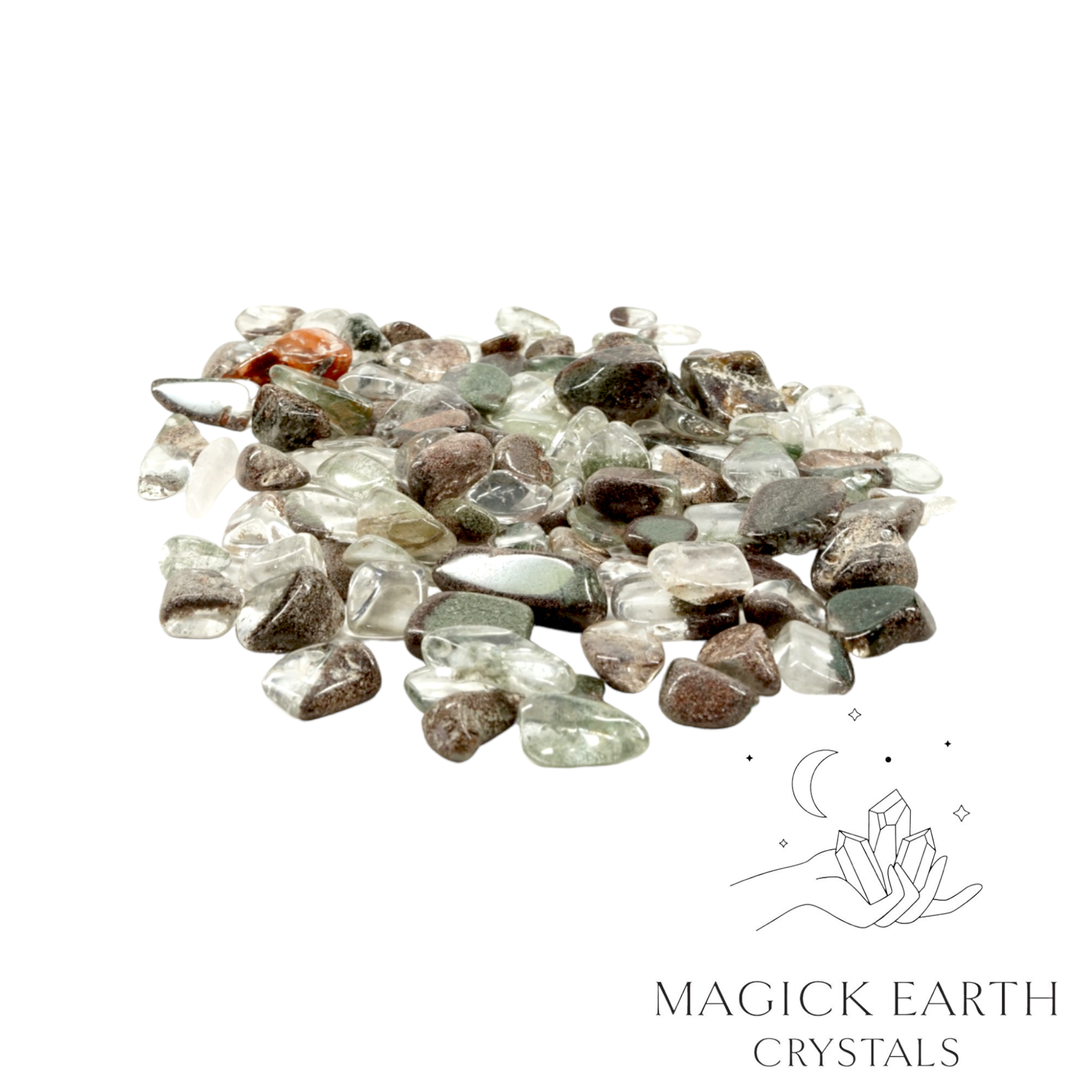 Natural lodolite quartz crystal chips, 100g loose pile.