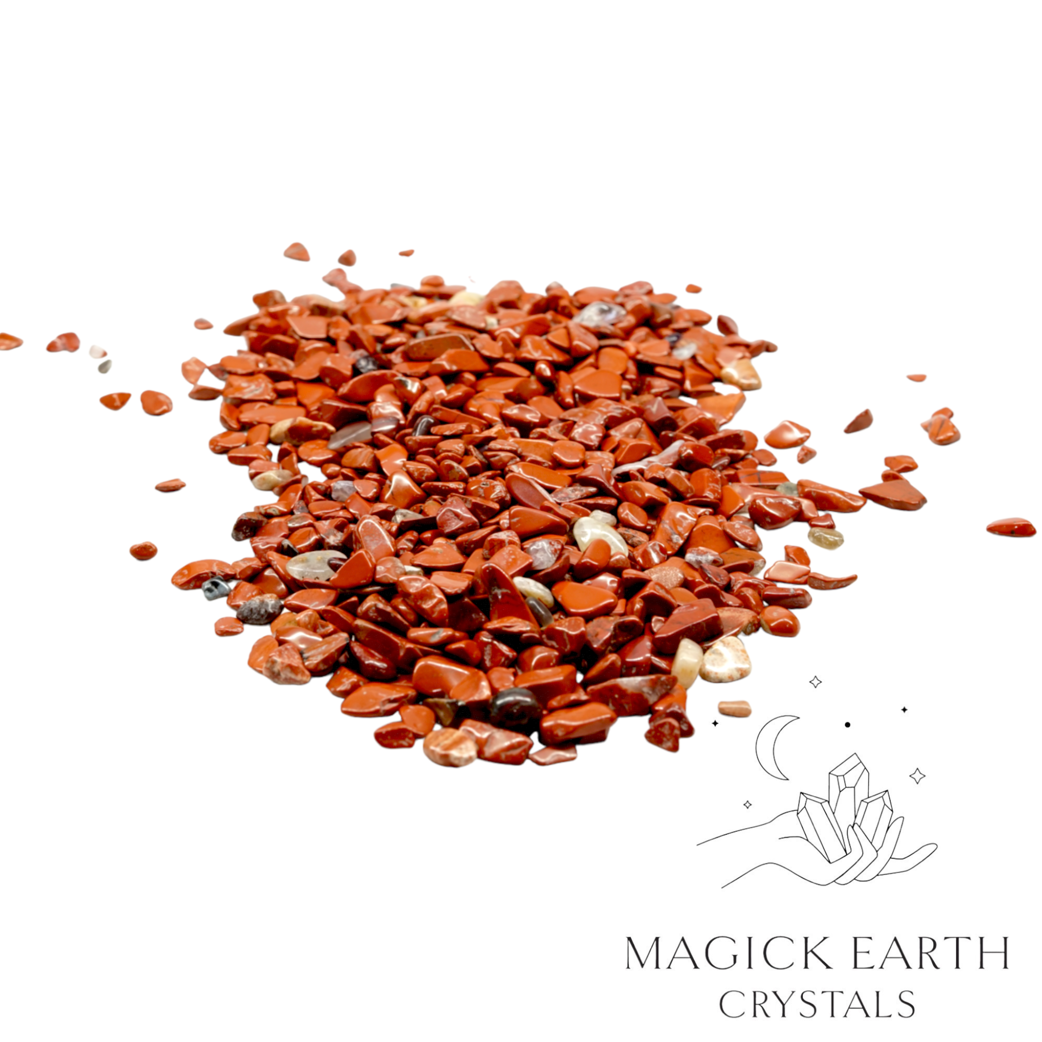 Natural medium red jasper crystal chips, 100g loose pile.