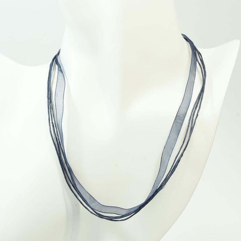 Navy Blue Organza and Waxed Cotton Necklace with Platinum Findings