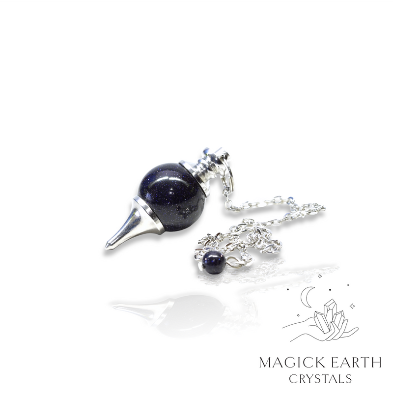  Blue Goldstone Crystal Gemstone Sphere Shaped Pendulum Platinum Finish