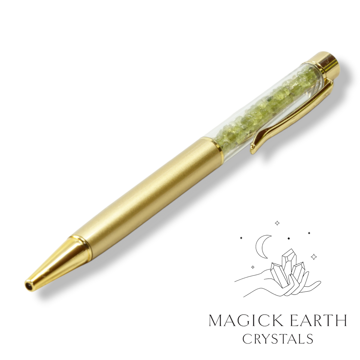 Natural Peridot crystal chip pen view b