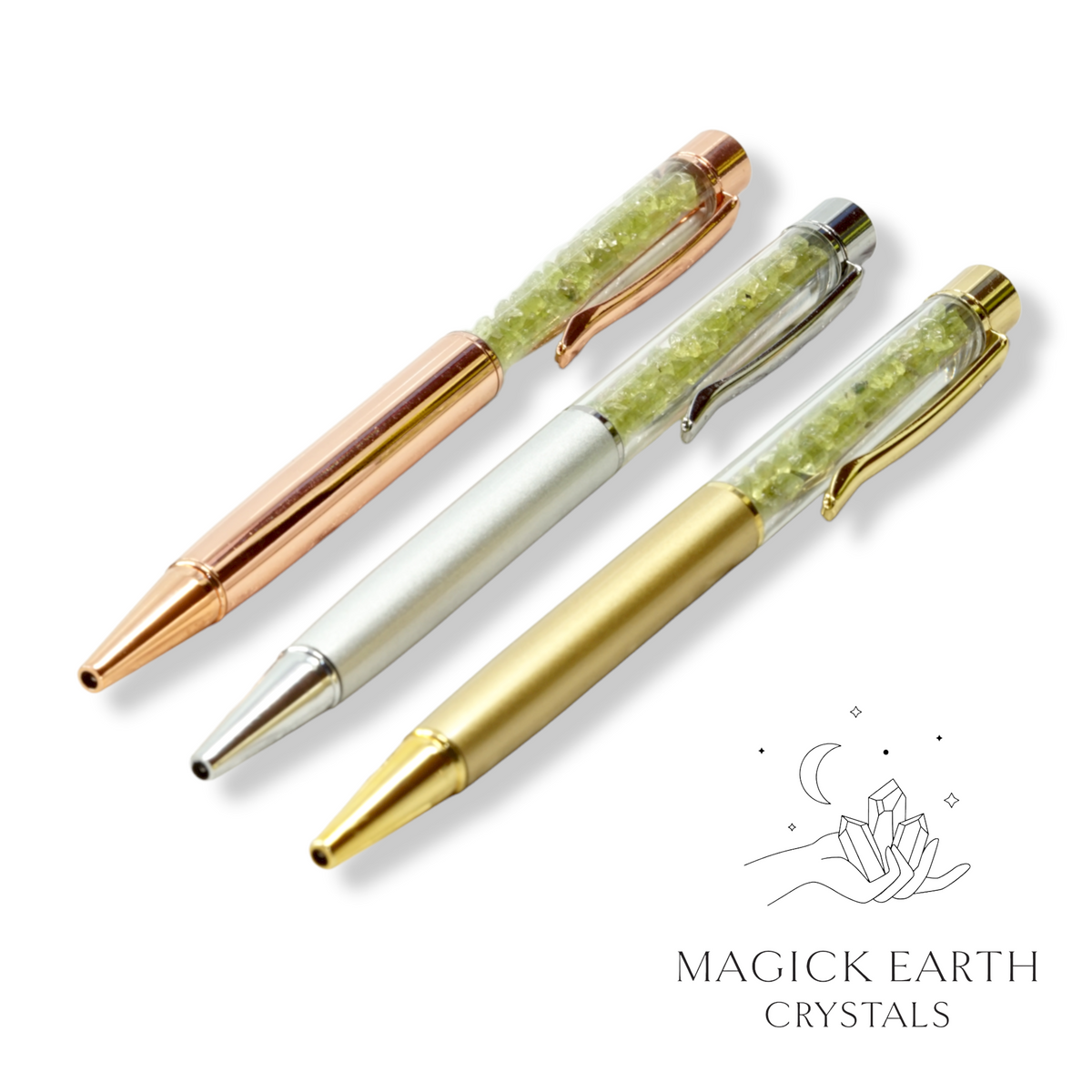 Natural Peridot crystal chip pens view a