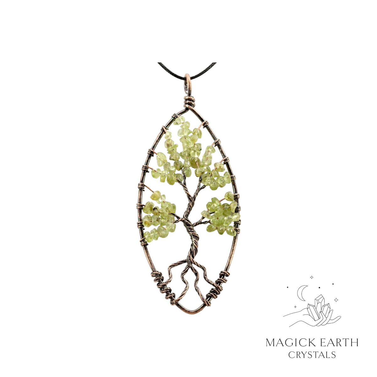 Natural Peridot marquise tree of life chip pendant