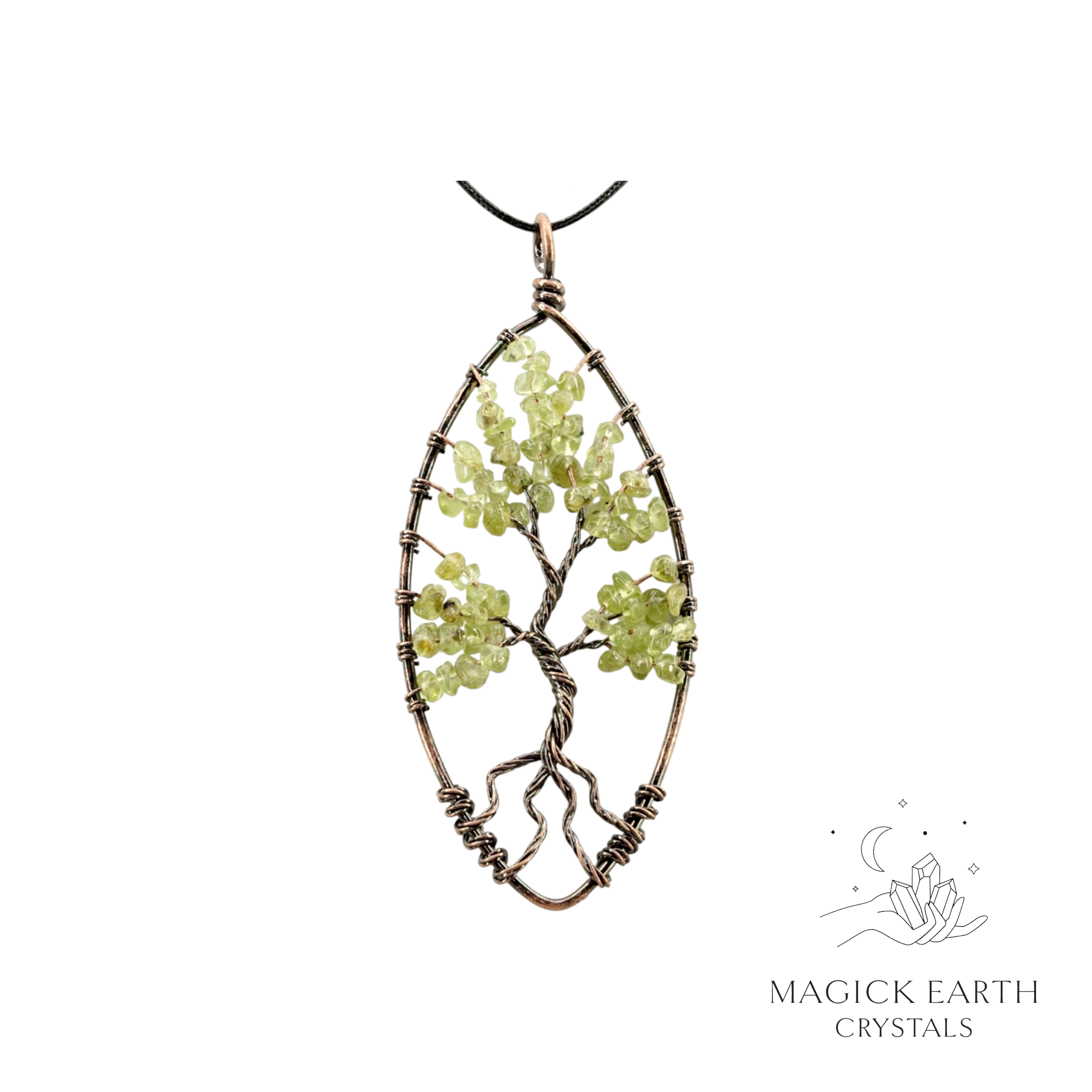 Natural Peridot marquise tree of life chip pendant