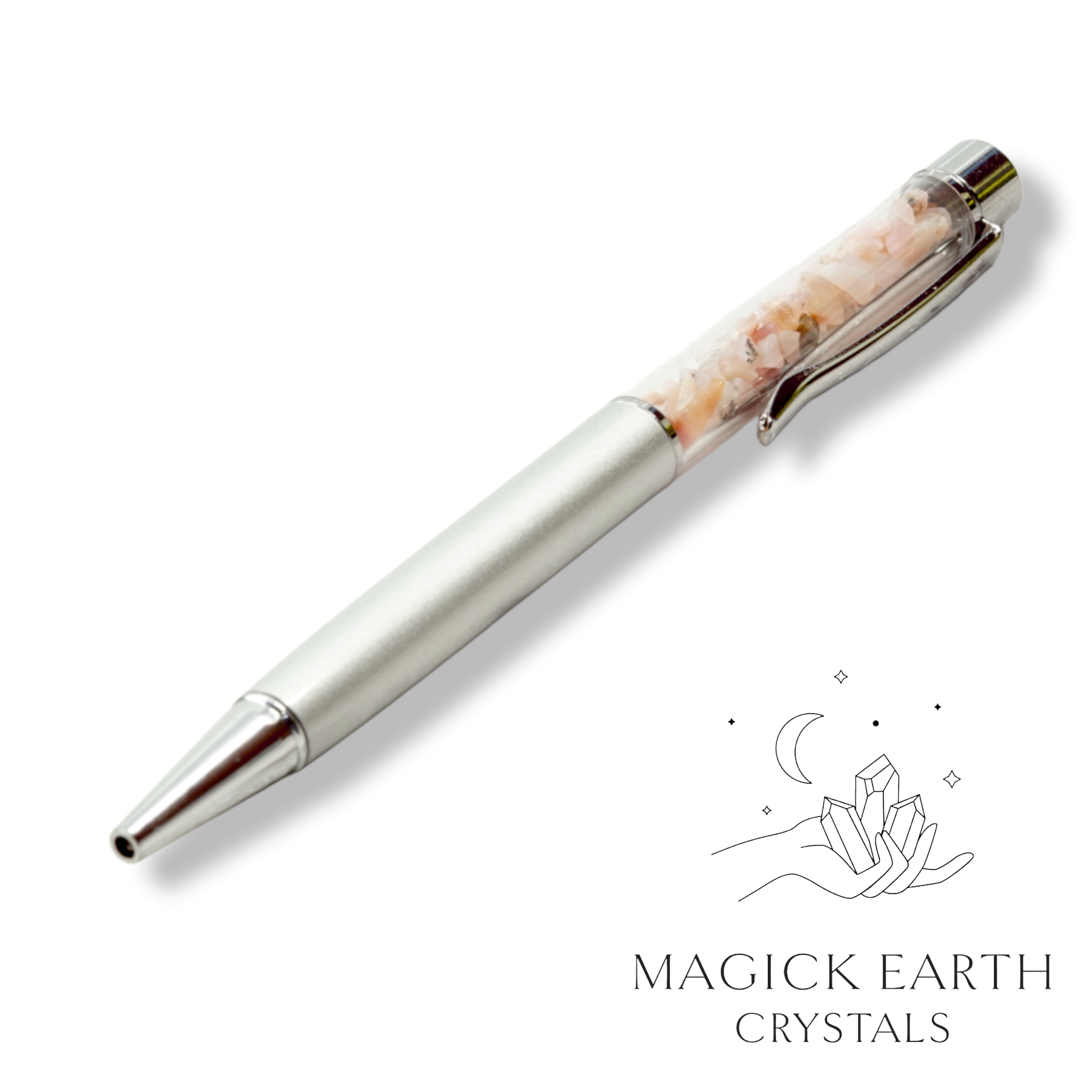 Natural Pink Opal crystal chip pen view c