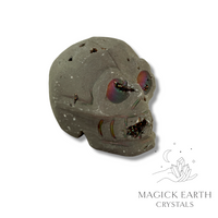 Natural Quartz Druzy crystal skull in charcoal view a
