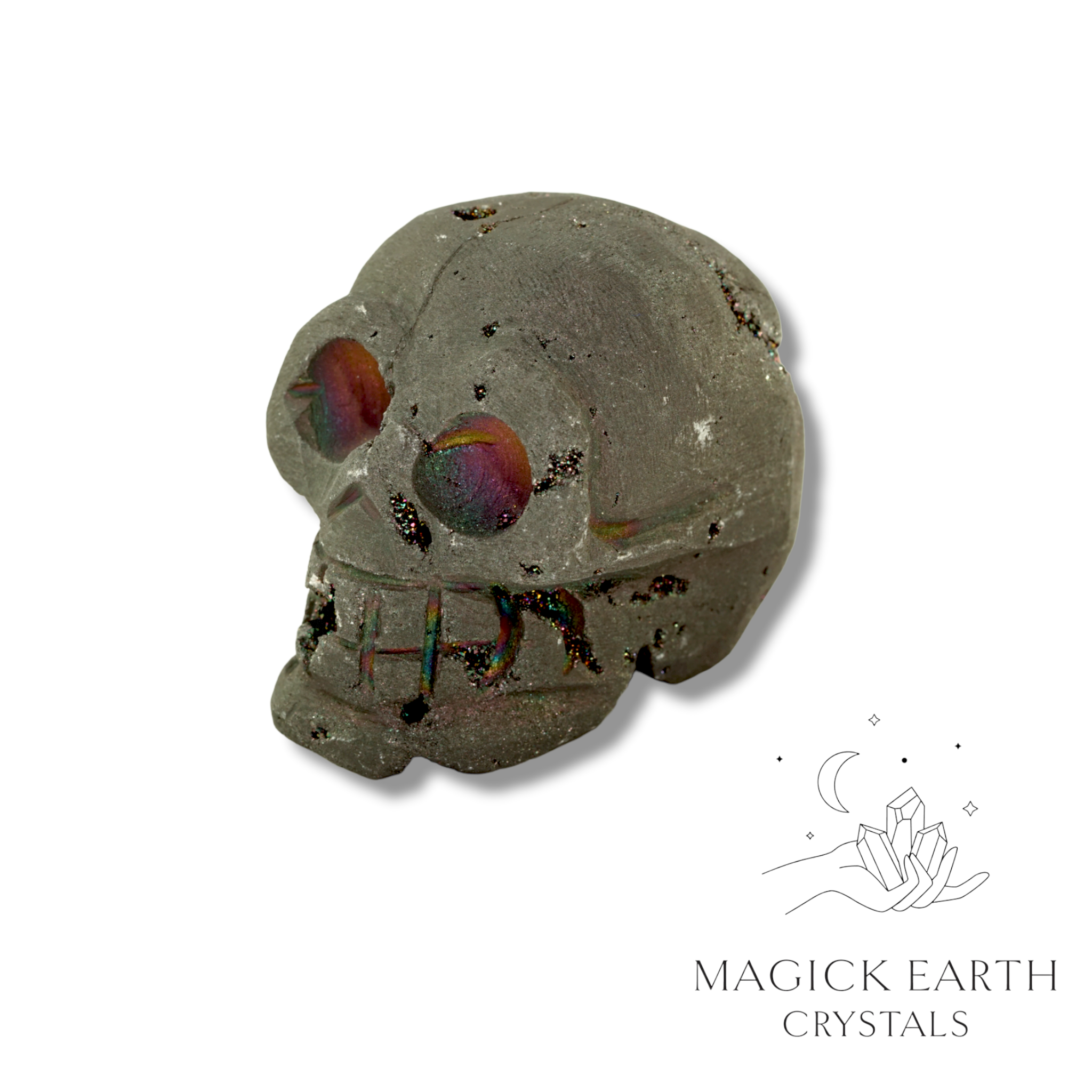 Natural Quartz Druzy crystal skull in charcoal view b