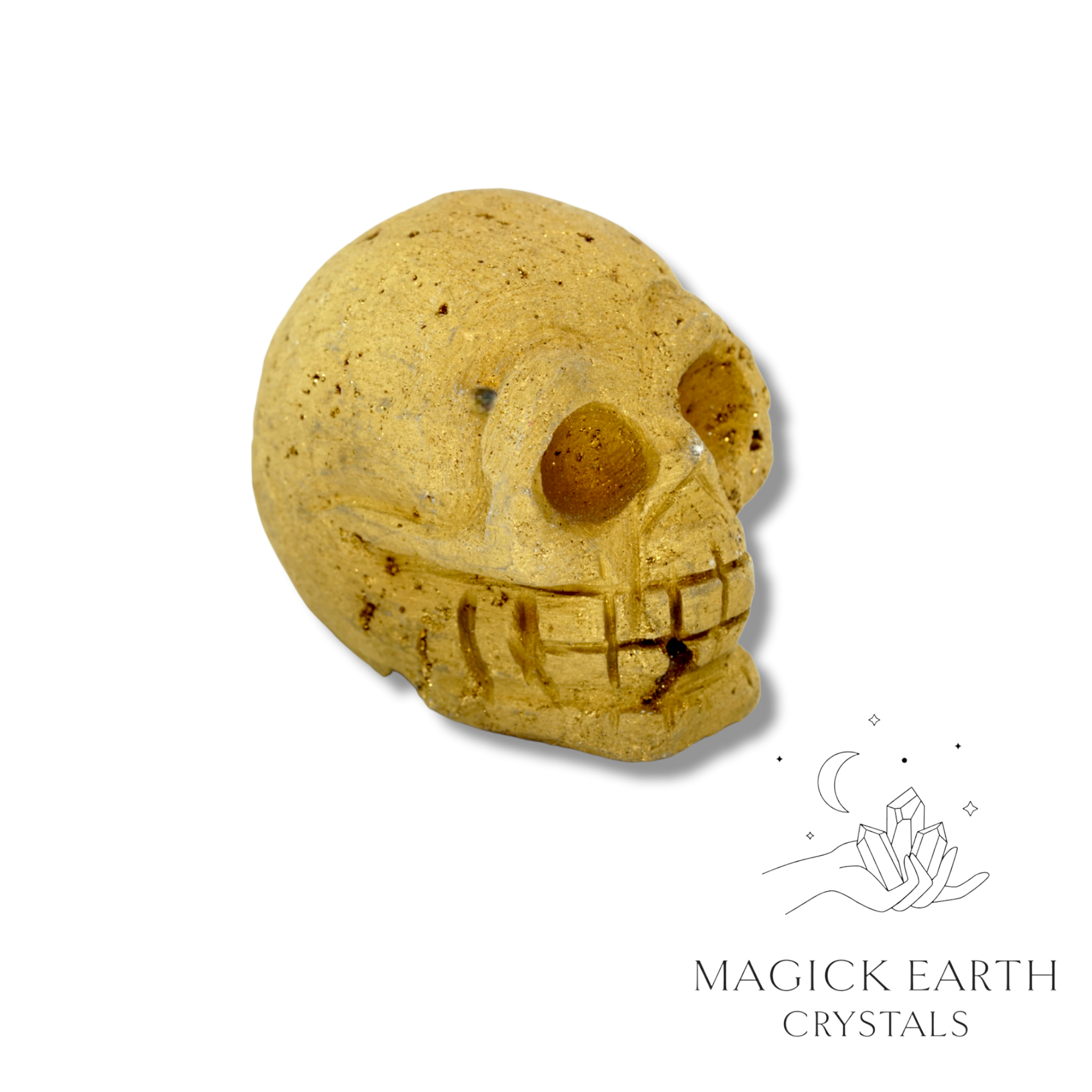 Natural Quartz Druzy crystal skull electroplated gold view a