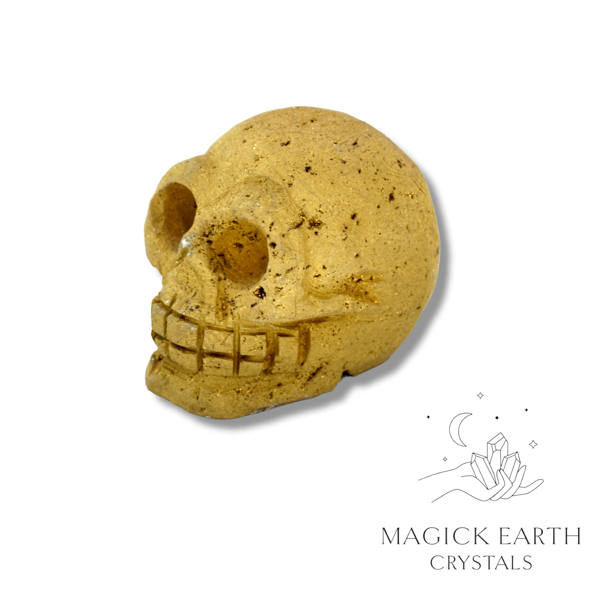 Natural Quartz Druzy crystal skull electroplated gold view b