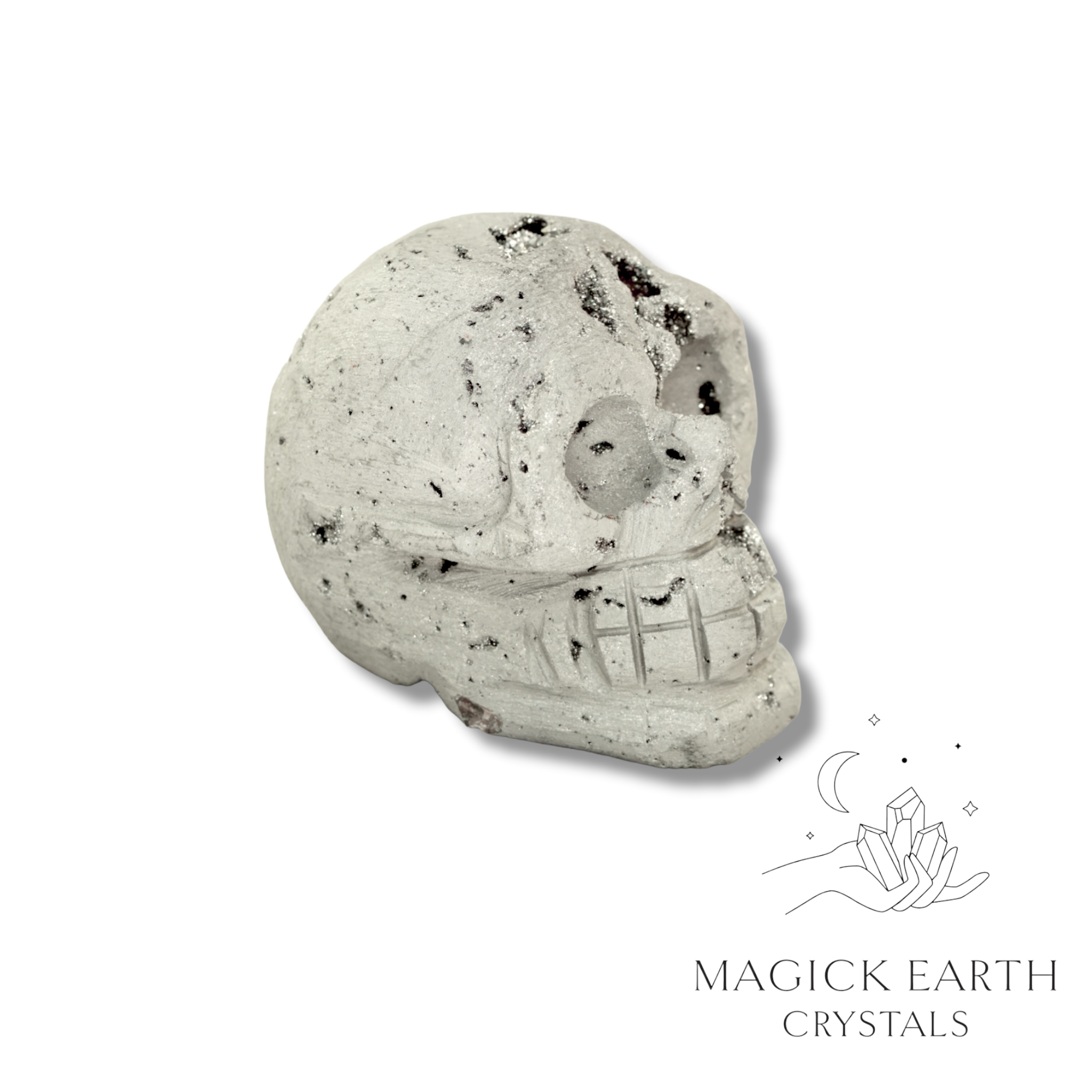 Natural Quartz Druzy crystal skull electroplated platinum view a