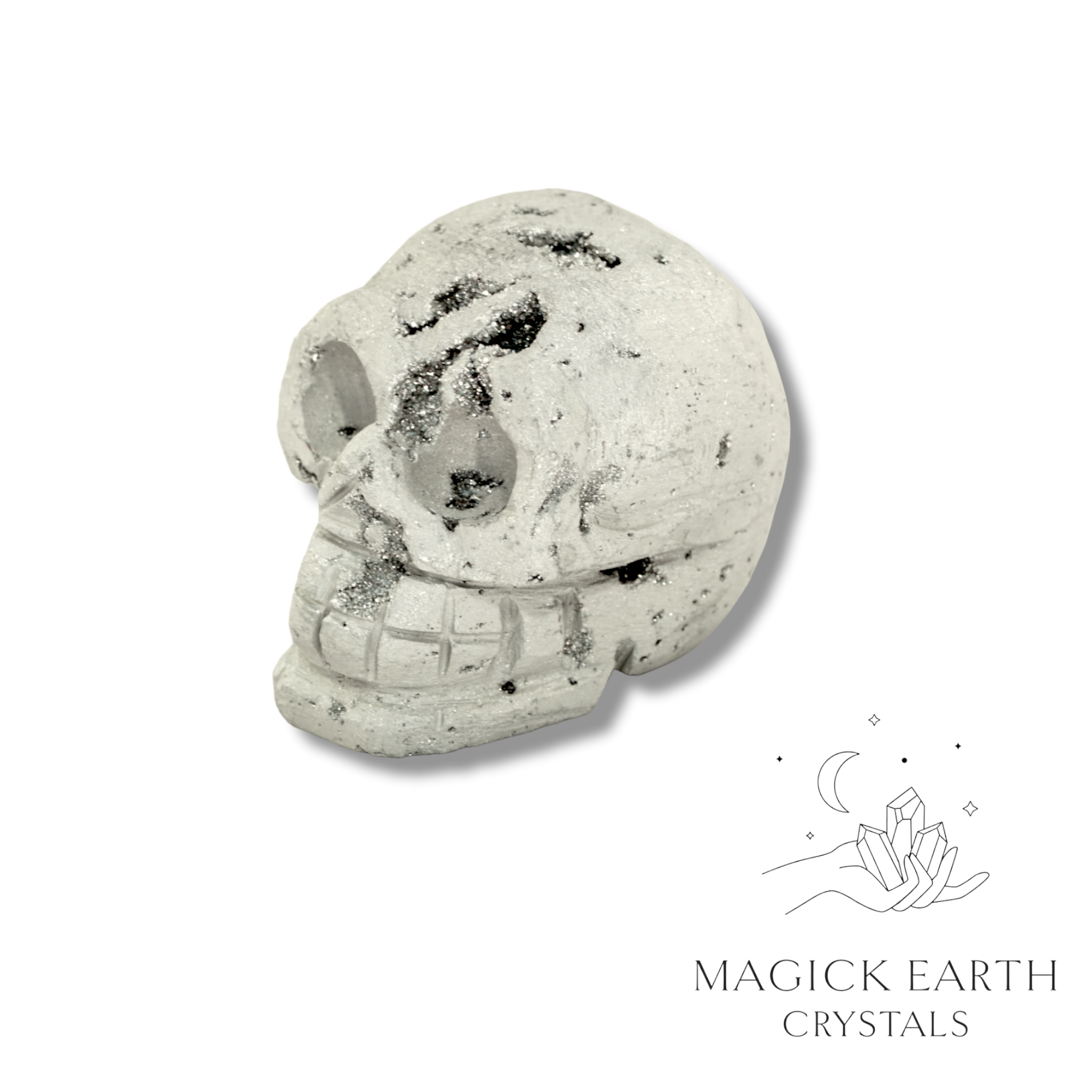 Natural Quartz Druzy crystal skull electroplated platinum view b