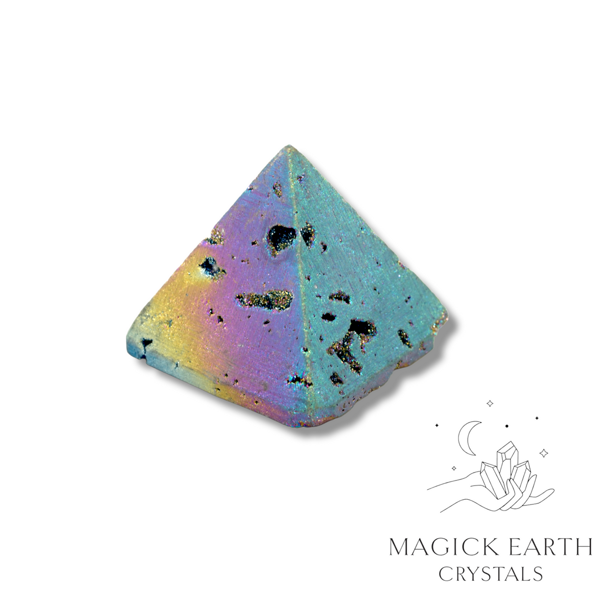 Quartz druzy pyramid with rainbow electroplated finish showing crystal formation 