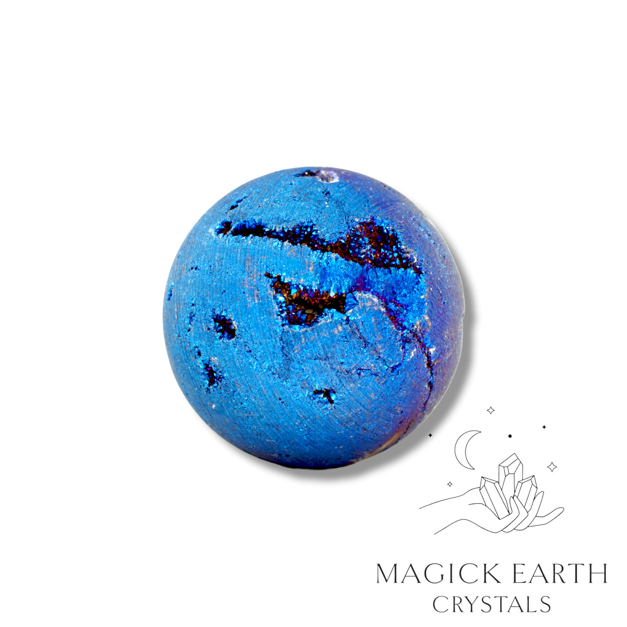 Quartz druzy sphere with blue electroplated finish showing crystal formation 