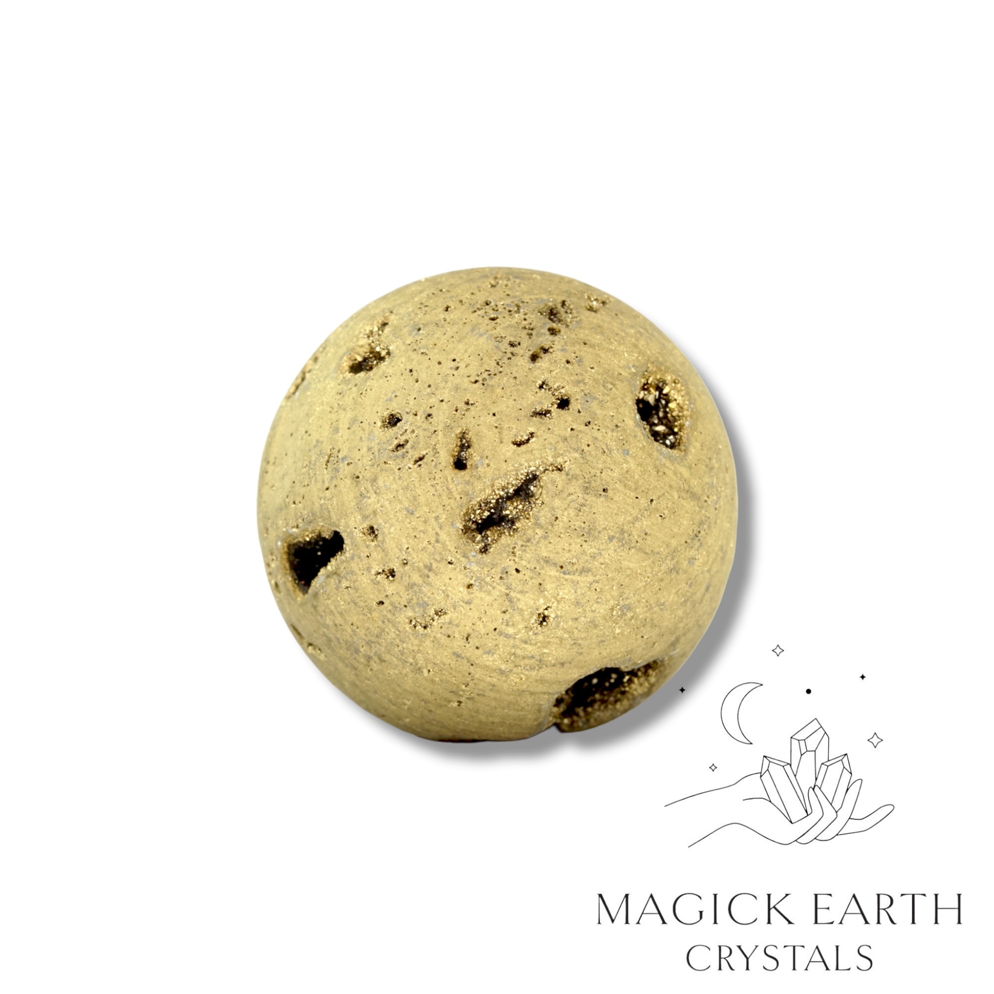 Quartz druzy sphere with gold electroplated finish showing crystal formation 