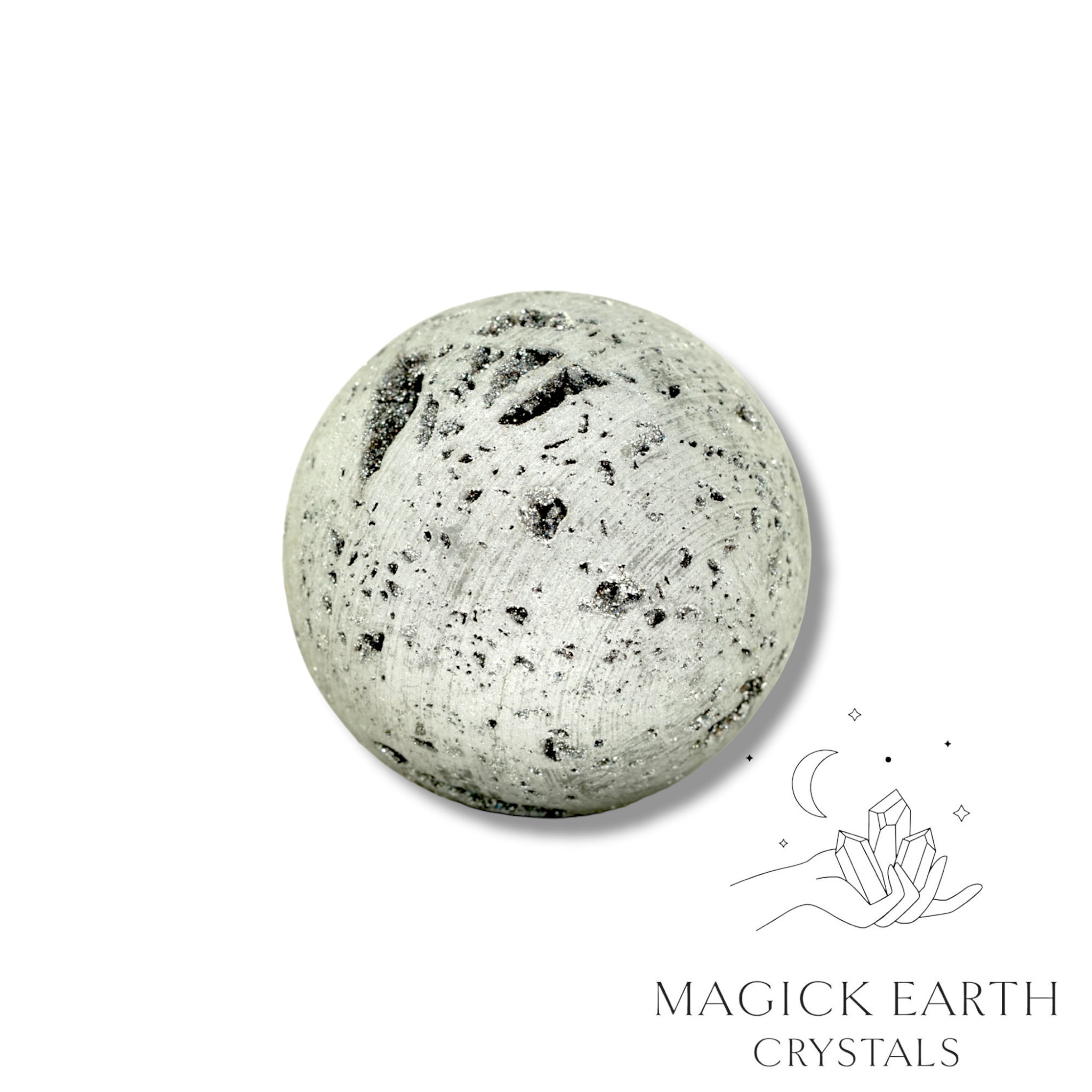 Quartz druzy sphere with platinum electroplated finish showing crystal formation 