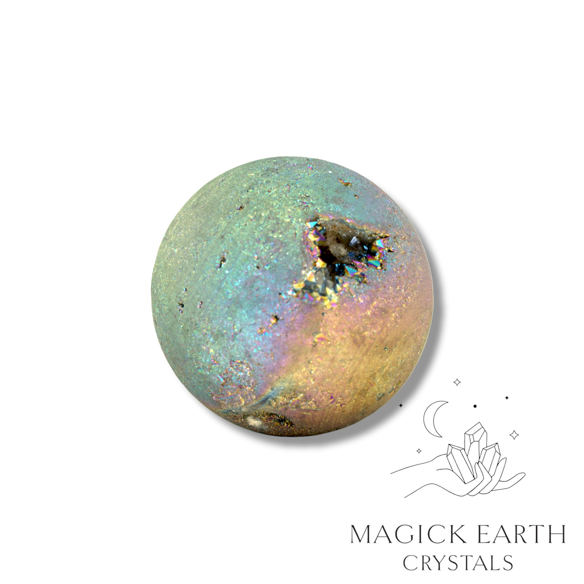Quartz druzy sphere with rainbow electroplated finish showing crystal formation 