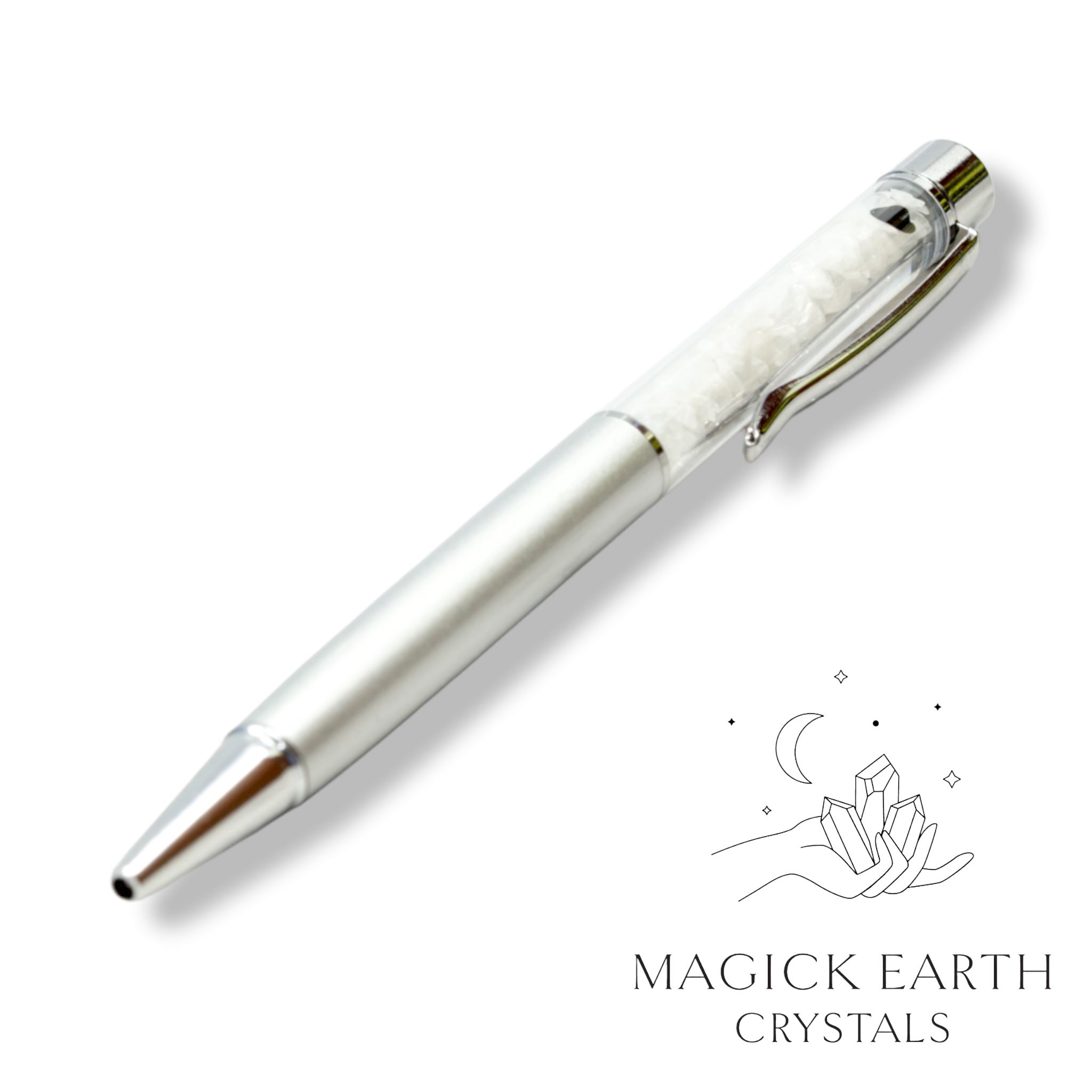 Natural Rainbow Moonstone crystal chip pen view c