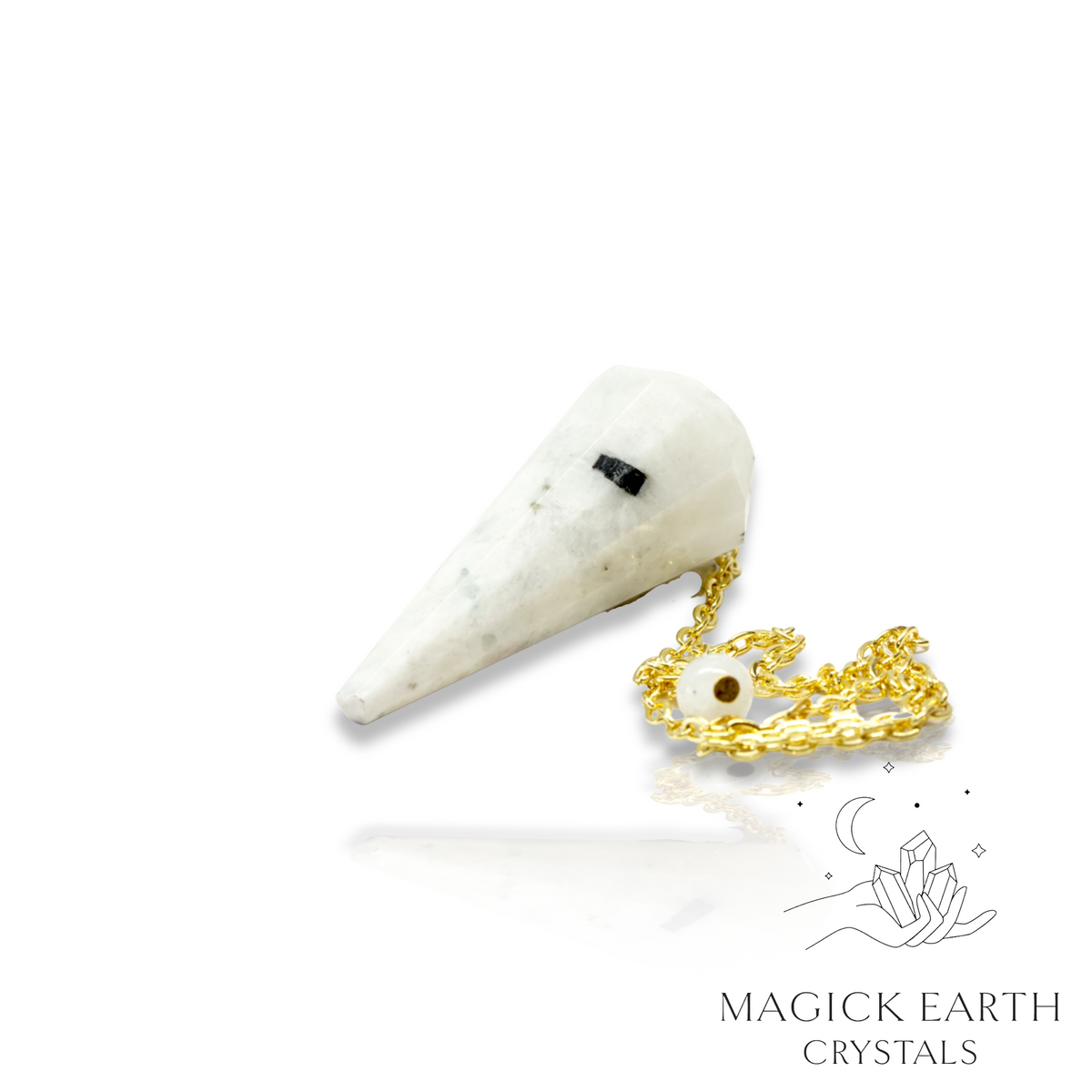 Natural Rainbow Moonstone crystal large cone pendulum view a