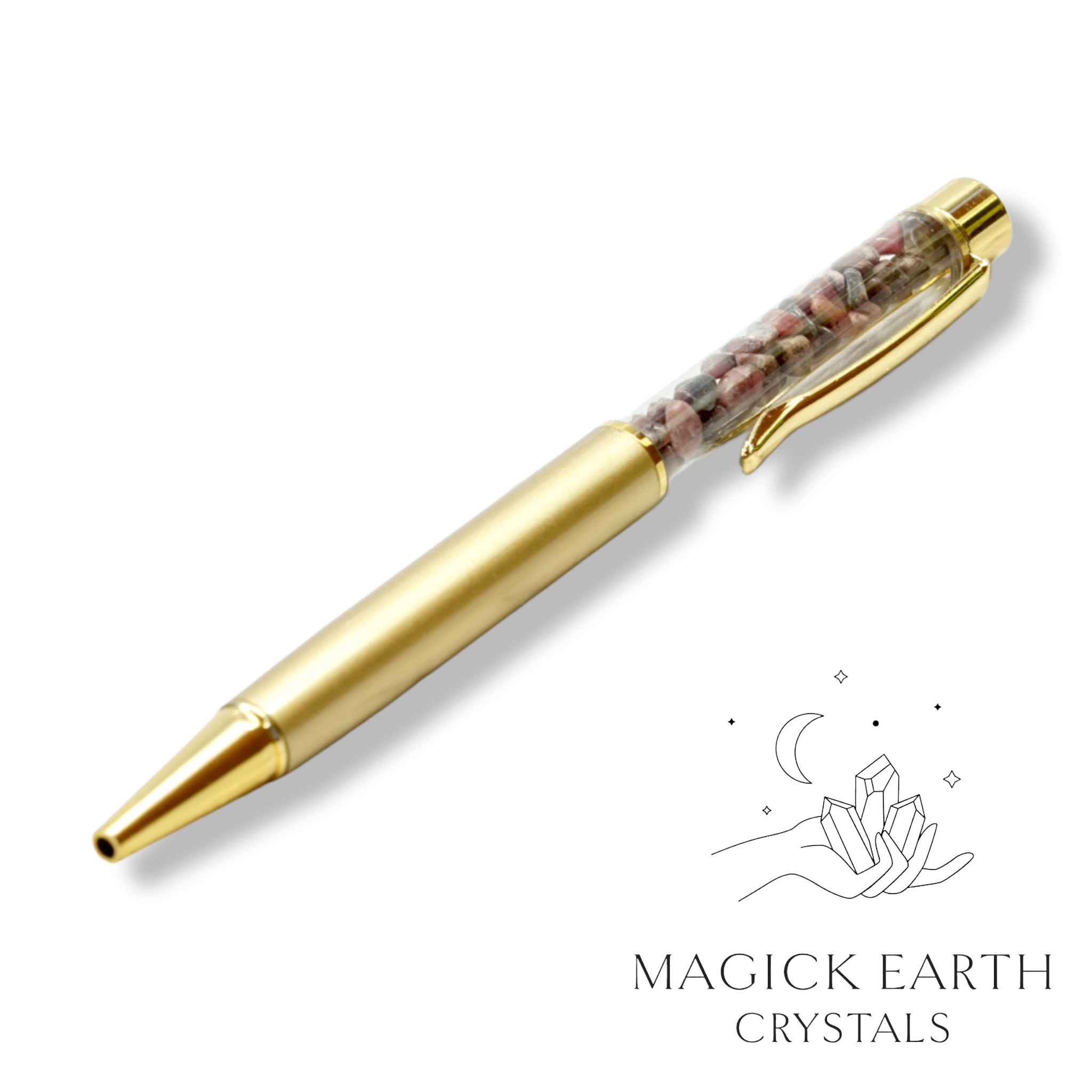 Natural Rhodonite crystal chip pen view b