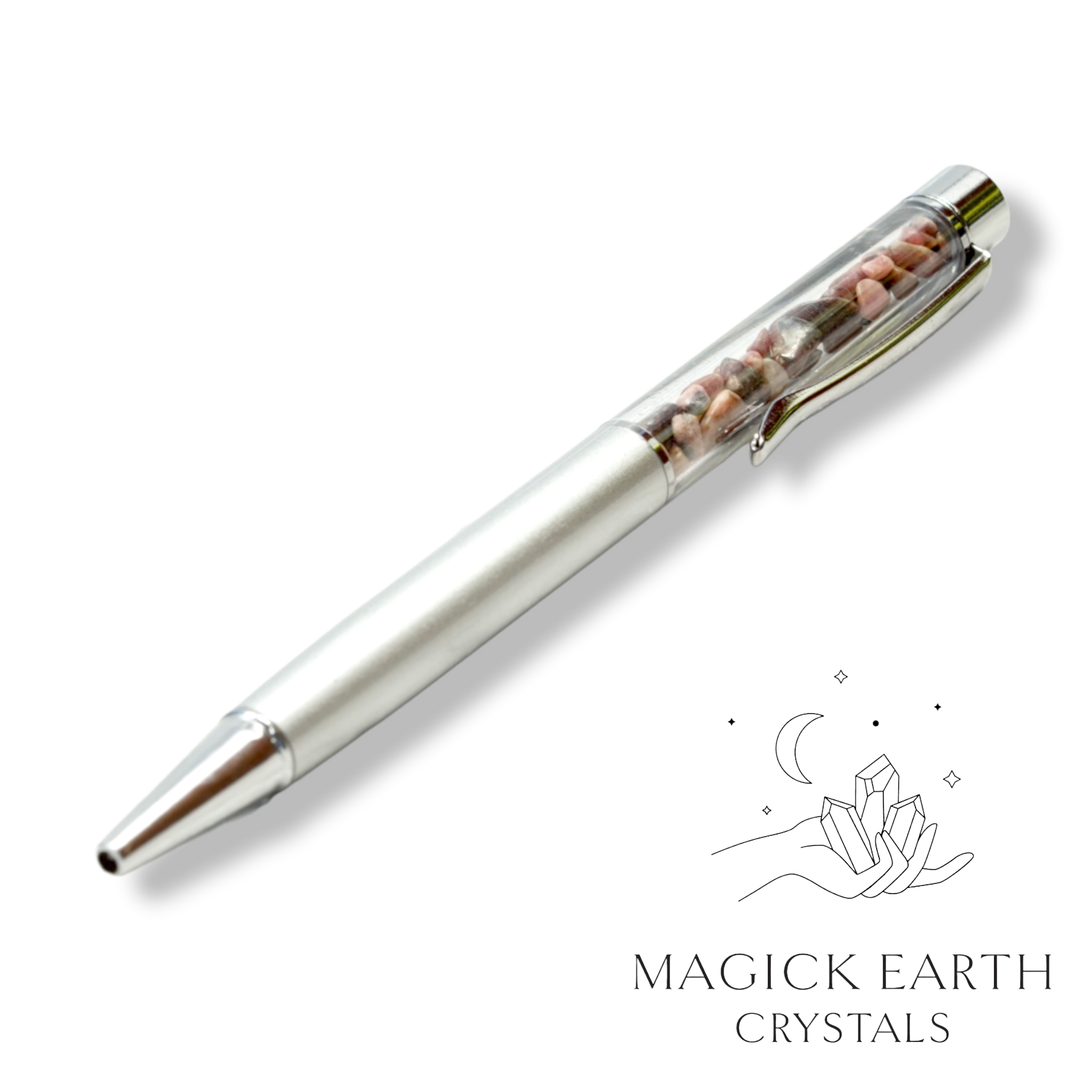 Natural Rhodonite crystal chip pen view c