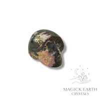 Natural Rhodonite crystal mini skull view a